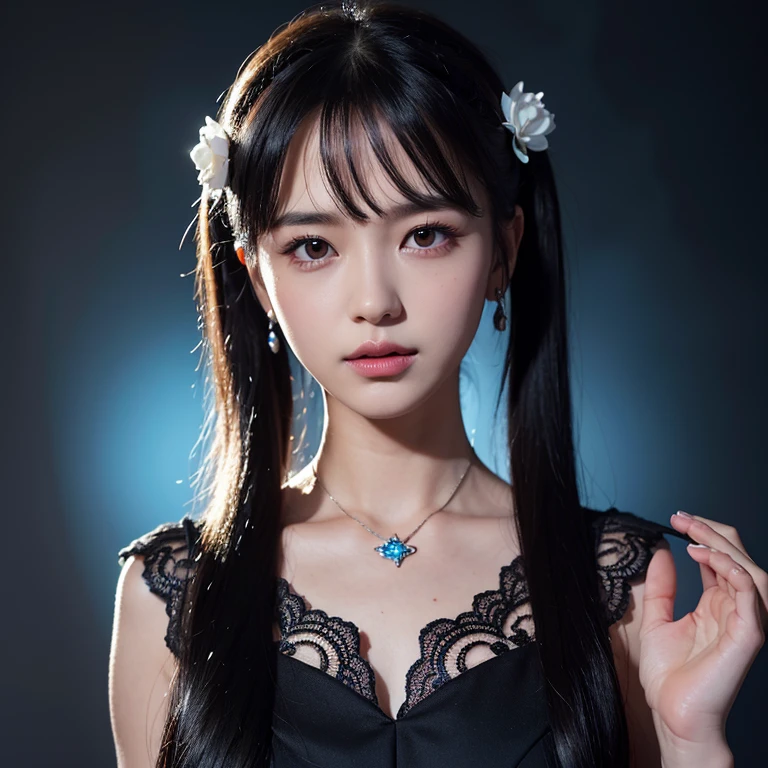 (detailed background,dark fantasy),(beautiful detailed face),high contrast,(best illumination,an extremely delicate and beautiful),((cinematic light)),colorful,hyper detail,dramatic light,intricate details,(1girl,solo,black hair,sharp face,low twintails,red eyes,hair between eyes,dynamic angle),blood splatter,swirling black light around the character,depth of field,black light particles,(broken glass),magic circle 1girl, bangs, dragon necklace, black background, black hair, watch, closed mouth, collarbone, dress, earrings, expressionless, floral print, flower, hair flower, hair decoration, tiara of blue thorns,