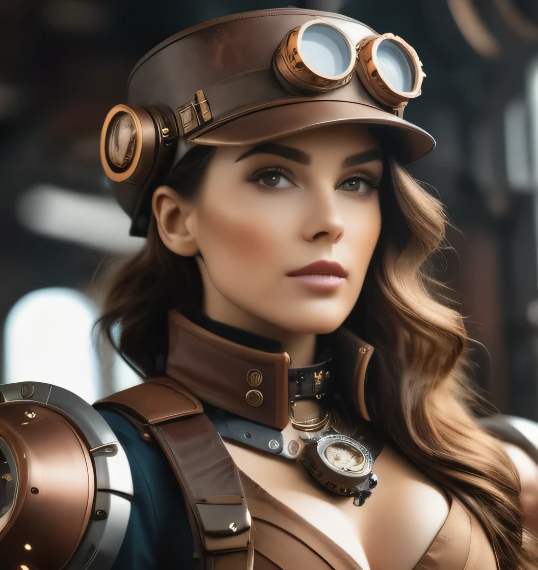 photo, Moteurs à vapeur portrait 8k, in a mecha-steampunk ,1fille brune, style, Skin details