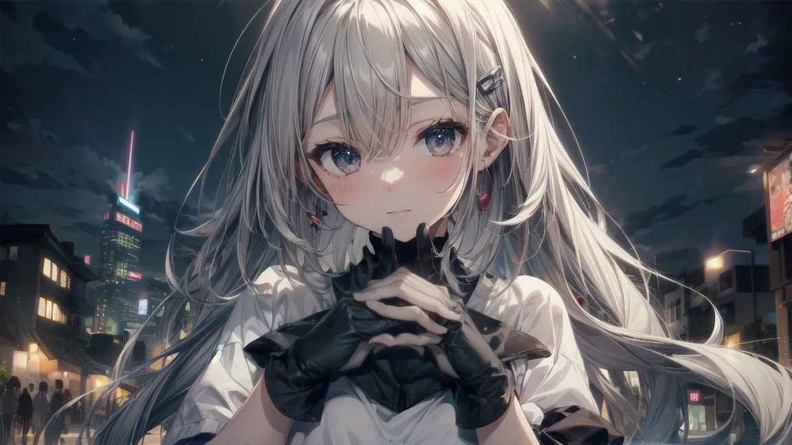 highest quality, anime moe art style,Best Anime 8K Konachan Wallpaper,pixiv contest winner,perfect anatomy, (Plump nipples),break, 1 girl, (alone,,,20-year-old:1.3), long white curly hair, twin tails, amount, (hair above one eye:1.4),all limbs, Beautiful hands and fingers,Beautiful E Cup Breasts, between the legs, small eyes,accurate black eyes, Eyes of enlightenment that have mastered everything, hair clip, simple and thin plain fabric, (((white t-shirt))), micro mini pleated skirt. break, Draw the whole limb, sideways posture, depression, Super detailed,High resolution,super dense skin, professional lighting,8K eye details, (cute illustration:1.2), Panoramic night view of Minato Mirai、View from the rooftop of the skyscraper, black light lighting, midnight,