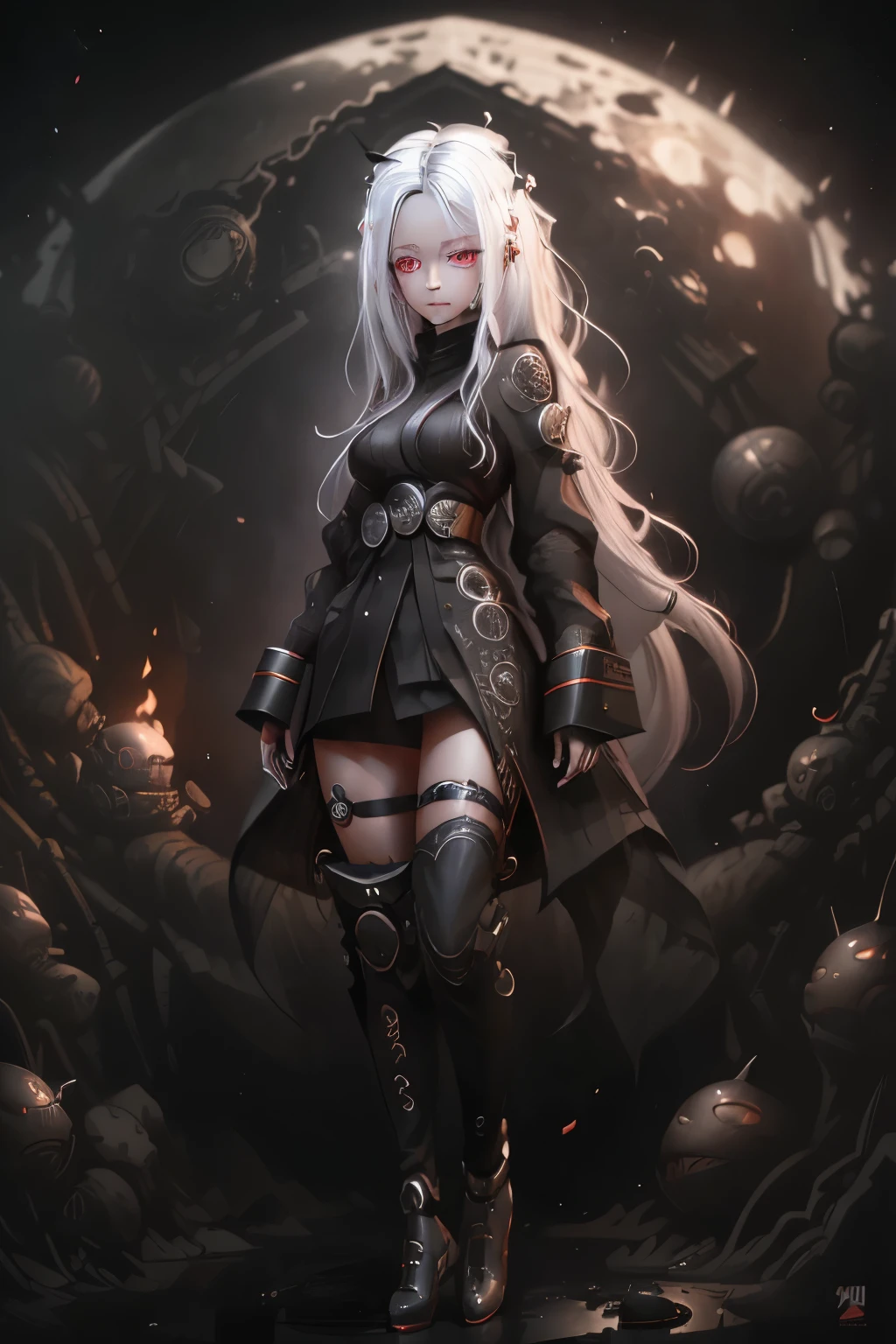 masterpiece, high resolution,top-calidad,top-calidad real texture skin, increase resolution,Fotos CRUDAS,la mejor calidad, muy detallado,solo, (lindo, kawaii, sonrisa maligna, dynamic full body pose),[chibi:2.0], noche oscura, llamas, (best quality,4k,highres,masterpiece:1.2),ultra-detailed, testarossa de tensei shitara slime datta ken, white hair, robotic eyes, detailed fantasy art, chibi 2.0, cuerpo completo, fondo negro