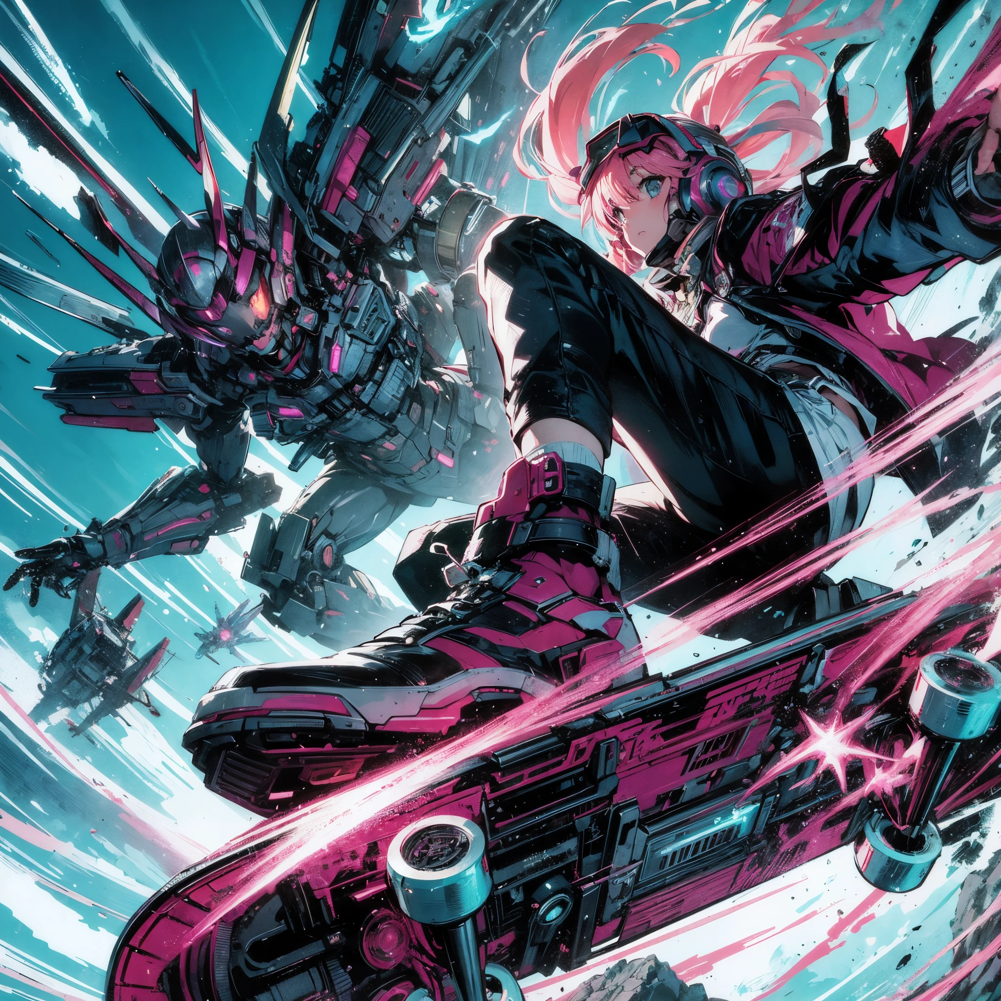 Sci-Fi style anime illustration, atmosphere, rough and intense illustration of Apocalypse Pink-chan, a 20-year-old character, jumping high in the sky on a mecha skateboard. The background depicts a mecha air-surfing high in the sky and a dynamic jump to the sky with elements of breakdancing. The images are dynamic and dynamic angles from below, using thick, exaggerated lines and brush strokes to highlight the accelerated speed and accelerated shockwaves, gravitational pulls,