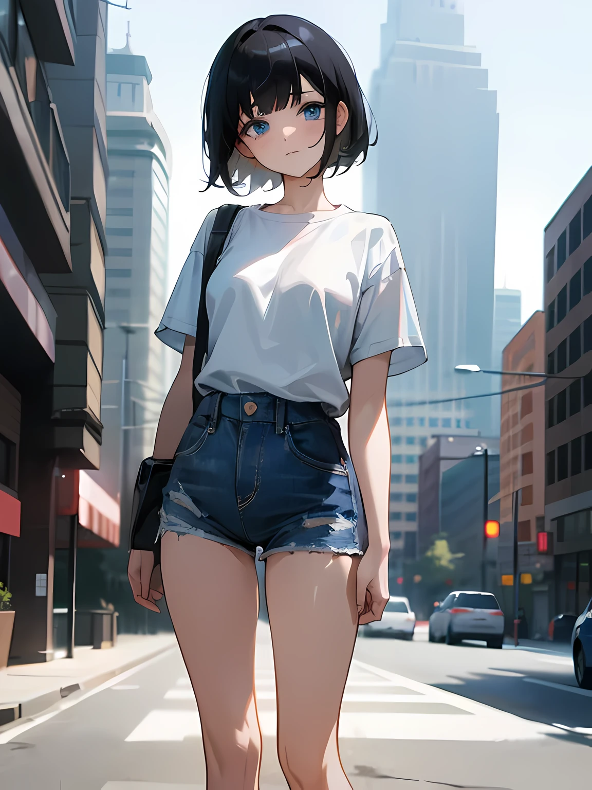 1girl, short black hair, blue eyes, wearing plain
white shirt, denim shorts, city, absurdres, high res,
ultrasharp, 8K, masterpiece, looking at viewer