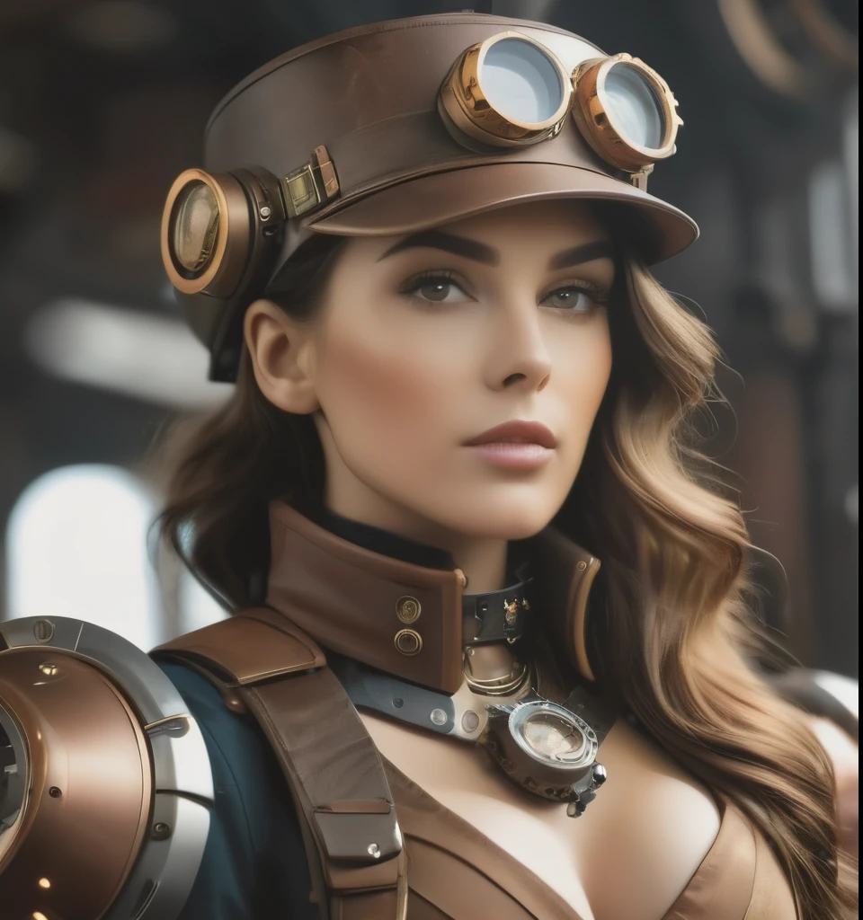 photo, Moteurs à vapeur portrait 8k, in a mecha-steampunk ,1fille brune, style, Skin details