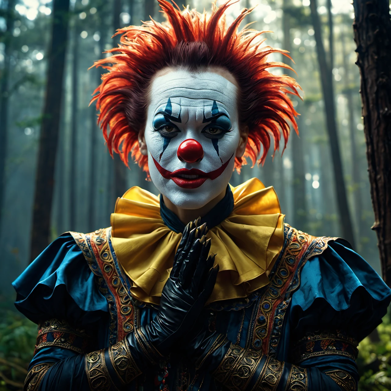 Commercial photography of a clown with mouth opened wide in a pine forest with a circus tent in the background and a camp fire (foggy:1.2), silhouetted in soft shadow (full body photograph:1.2) , uhd photorealisitc authentic psychotic angry madman wearing ornate clown costume and intricate voodoo makeup, shoulders, intricate details, vivid colors, frightening surroundings, correct details, in the style of amano, karol bak, akira toriyama, and greg rutkowski , perfect composition, beautiful detailed intricate insanely detailed octane render trending on artstation, 8 k artistic photography, photorealistic concept art, soft natural volumetric cinematic perfect light, chiaroscuro, award - winning photograph, masterpiece, oil on canvas, raphael, caravaggio, greg rutkowski, beeple, beksinski, giger, perfect composition, beautiful detailed intricate insanely detailed octane render trending on artstation, 8 k artistic photography, photorealistic concept art, soft natural volumetric cinematic perfect light, chiaroscuro, award - winning photograph, masterpiece, oil on canvas, raphael, caravaggio, greg rutkowski, beeple, beksinski, giger, (beautiful supermodel:1.1) resting her head on her hands detailed background bokeh