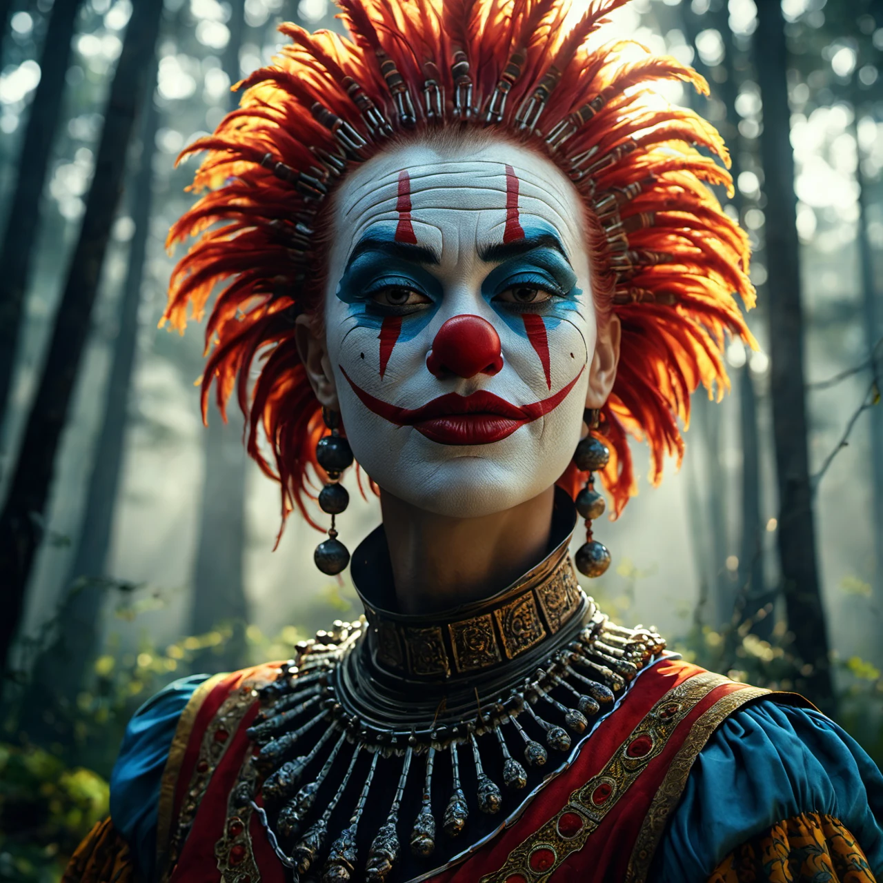 Commercial photography of a clown with mouth opened wide in a pine forest with a circus tent in the background and a camp fire (foggy:1.2), silhouetted in soft shadow (full body photograph:1.2) , uhd photorealisitc authentic psychotic angry madman wearing ornate clown costume and intricate voodoo makeup, shoulders, intricate details, vivid colors, frightening surroundings, correct details, in the style of amano, karol bak, akira toriyama, and greg rutkowski , perfect composition, beautiful detailed intricate insanely detailed octane render trending on artstation, 8 k artistic photography, photorealistic concept art, soft natural volumetric cinematic perfect light, chiaroscuro, award - winning photograph, masterpiece, oil on canvas, raphael, caravaggio, greg rutkowski, beeple, beksinski, giger, perfect composition, beautiful detailed intricate insanely detailed octane render trending on artstation, 8 k artistic photography, photorealistic concept art, soft natural volumetric cinematic perfect light, chiaroscuro, award - winning photograph, masterpiece, oil on canvas, raphael, caravaggio, greg rutkowski, beeple, beksinski, giger, (beautiful supermodel:1.1) resting her head on her hands detailed background bokeh
