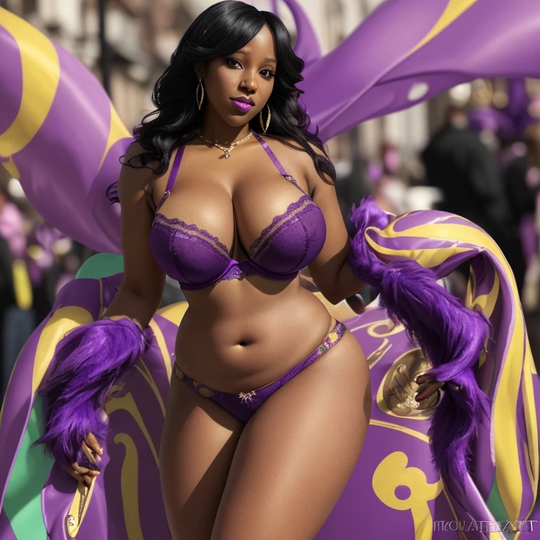 Tiffany Pollard at Mardi Gras in a purple and gold bra, (big breasts), ((best quality)), ((masterpiece)), (detailed), perfect face, full body