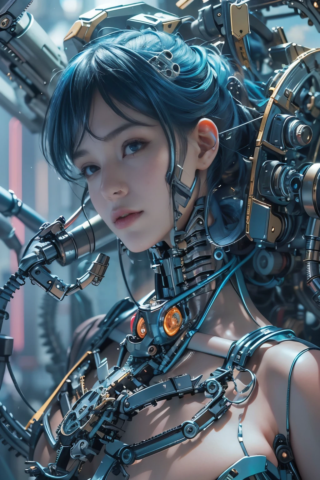cyborgized Japanese woman, extremely ultra cute face, , skinny body, flat chest,  (blue metallic mechanical frame:1.5), (Power cables connected throughout the body), detaile up, Instead of hair, there are cables growing out of it, mechanical fusion, mechanical skeleton, bio mechanics, mechanical life-form,highest quality, masutepiece, Ultra High Resolution, ((Photorealistic: 1.4), Raw photo, 1 Cyberpunk Girl, Glossy skin, 1 Mechanical Girl, (super realistic details)), Mechanical limbs, Tubes connected to mechanical parts, Mechanical vertebrae (masterpiece, best quality:1.2), (8k uhd, 16k, 32k, ultra high res), (photorealistic:1.37), (RAW photo), ultimate-realistic, ultimate-realistic details, ultimate-realistic texture, ultimate-intricate details, ultimate-realistic lighting, ultimate-realistic shadow, japanese girl, ultimate-cute face, ultimate-RAW skin, ultimate-realistic eyes, attached to the spine, Mechanical cervical attachment to the neck, Wires and cables connecting to the head, Evangelion, Ghost in the Shell, Small glowing LED lamp, global lighting, Deep Shadows, Octane Rendering, 8K, ultrasharp, Metal, Intricate decoration details, Baroque style details, high intricate detailed, Realistic light, Trends in CG, Facing the camera, neon details, (android factory on background), Art by H.r. Giger and Alphonse Mucha.