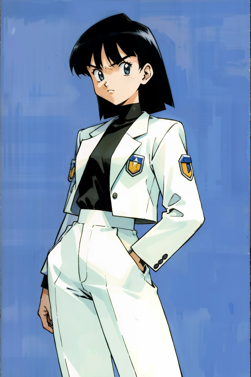 by Ken Sugimori, sugimori 1990s, ((only 1woman)), security guard, white suit jacket, scowling ((hands behind their back)), full black pupils, manga, best quality, highly detailed, clean lines, cowboy shot, good hands, good eyes, hd, 8k, professional, symmetrical, hires, 8k,