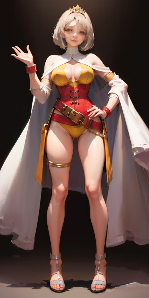 ((BLACK BACKGROUND,1:2, masterpiece)), full body MILF BIMBO standing with two long thighs and two metal sandals, red eyes, silver white hair, short bob style hair, big breasts, cleavage, separate sleeves, tiara royal, long cape up to two feet, yellow bikini, hands on waist, navel, lustful smirking smiling, smile face (red blushed, red cheeks), metal shoulders, gold sleeveless armbands, black leather choker slave collar, shackle bracelets, sex slave red crest, pauldrons, breastplate, corset, eye focus, full body, whole body. 1solo . slave fighter, loincloth standing, hands on hips, metal sandals, backpack, choker, big belt, view from below, feet together, bracers, tiara