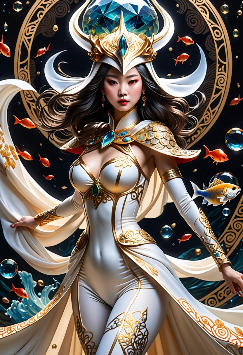 (best quality,4k,8k,highres,masterpiece:1.2),ultra-detailed,(realistic,photorealistic,photo-realistic:1.37), HDR,UHD,studio lighting,ultra-fine painting,sharp focus,physically-based rendering,extreme detail,art nouveau,tarot card style, onmyoji detailed art, 1alien female, 30 years old, cyborg, (dynamic pose:1.6),wide angle, Dynamic angle and composition,chinese three kingdoms, raging facial expression, futuristic alien, (wearing a biological exoskeleton made of white marble:1.6), (Holding a large odashi), (fractal designs), wearing kimono armor, (wearing a fish-shaped white acrylic helmet:1.37), highly detailed clothes, (her clothes have zentangle details adorned with beautiful gems:1.37), (wearing a leaf-shaped cape made of transparent cloth:1.4), Transparent petal-like cloth hangs from her waist, fantasy art, (sci-fi), (concept art inspired by Kanō Hōgai), moebius, psychedelic, (Incredibly beautiful nature background with bioluminescent fungi:1.6), ethereal lighting, vibrant colors,beige and olive hues,Yoshitaka Amano style, intricate details, landscape, otherworldly creatures, mesmerizing pattern, intricate helmet design, cosmic ambiance, dreamlike atmosphere, (mythical creatures), (surrealistic composition), trending on cgsociety