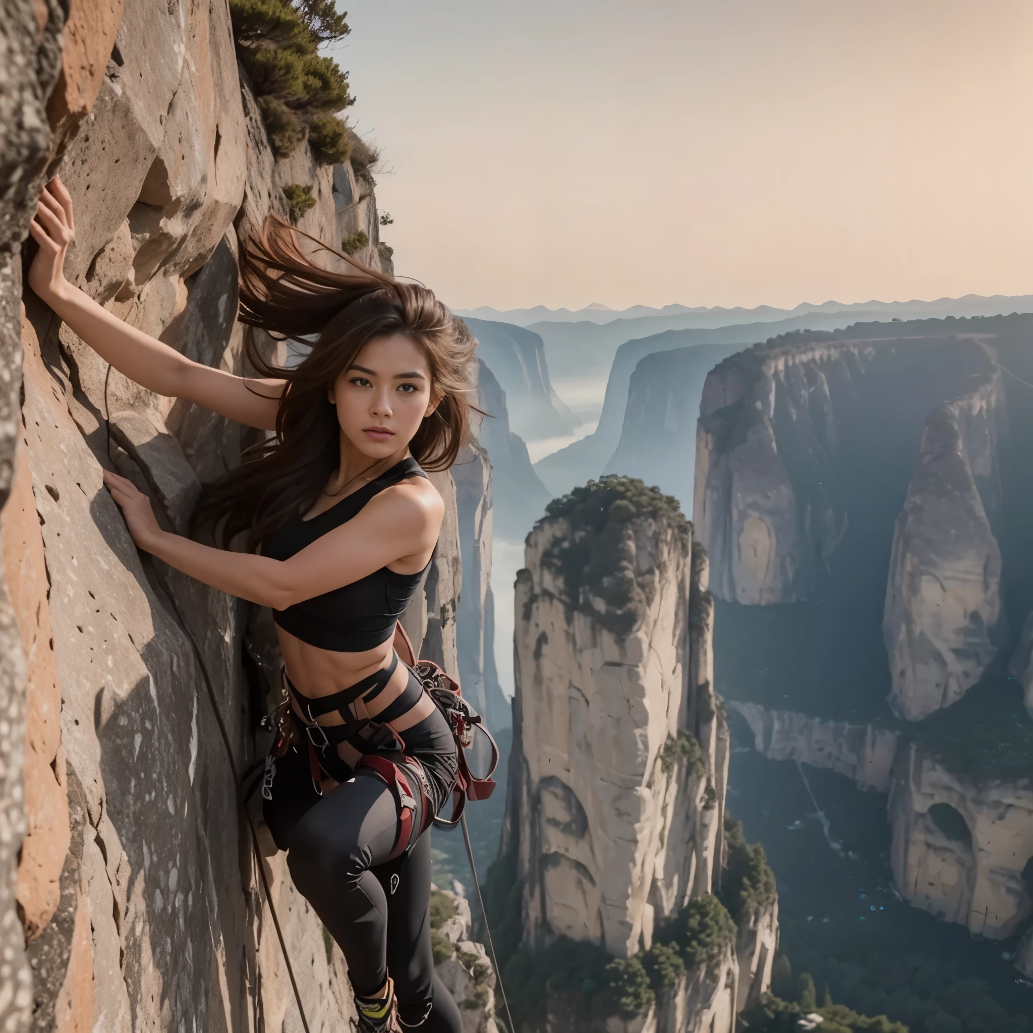 20 year old woman、best beautiful girl、masterpiece、real、live-action、accurate image、High definition、rock climbing、Free Climbing、sheer cliff、Valley、1000Meter-tight rock face、Tight climbing pants、hanging、clamber、cling to、Equipped with detailed details