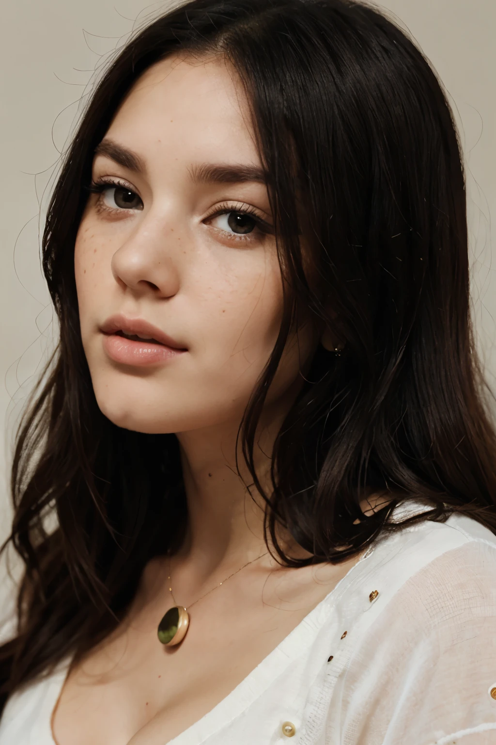 oval face  with big greed eyes and long black hair perfect button nose with freckles on her nose perfect full lips and a pale fair complextion