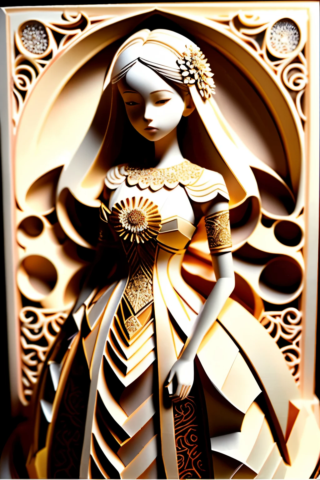 （（（カットpaper art，Flat paper cutting。）））There is a photo of a woman wearing a paper wedding dress., paper modeling art, paper art, Made of paper, Karol Bak Oud, layered paper art, detailed dress and face, goddess. very high detail, Very knowledgeable woman, knowledgeable woman, Complex fantasy of reality, fantasy. Complex, Complex beauty, Complexアートワーク, Complex肖像画