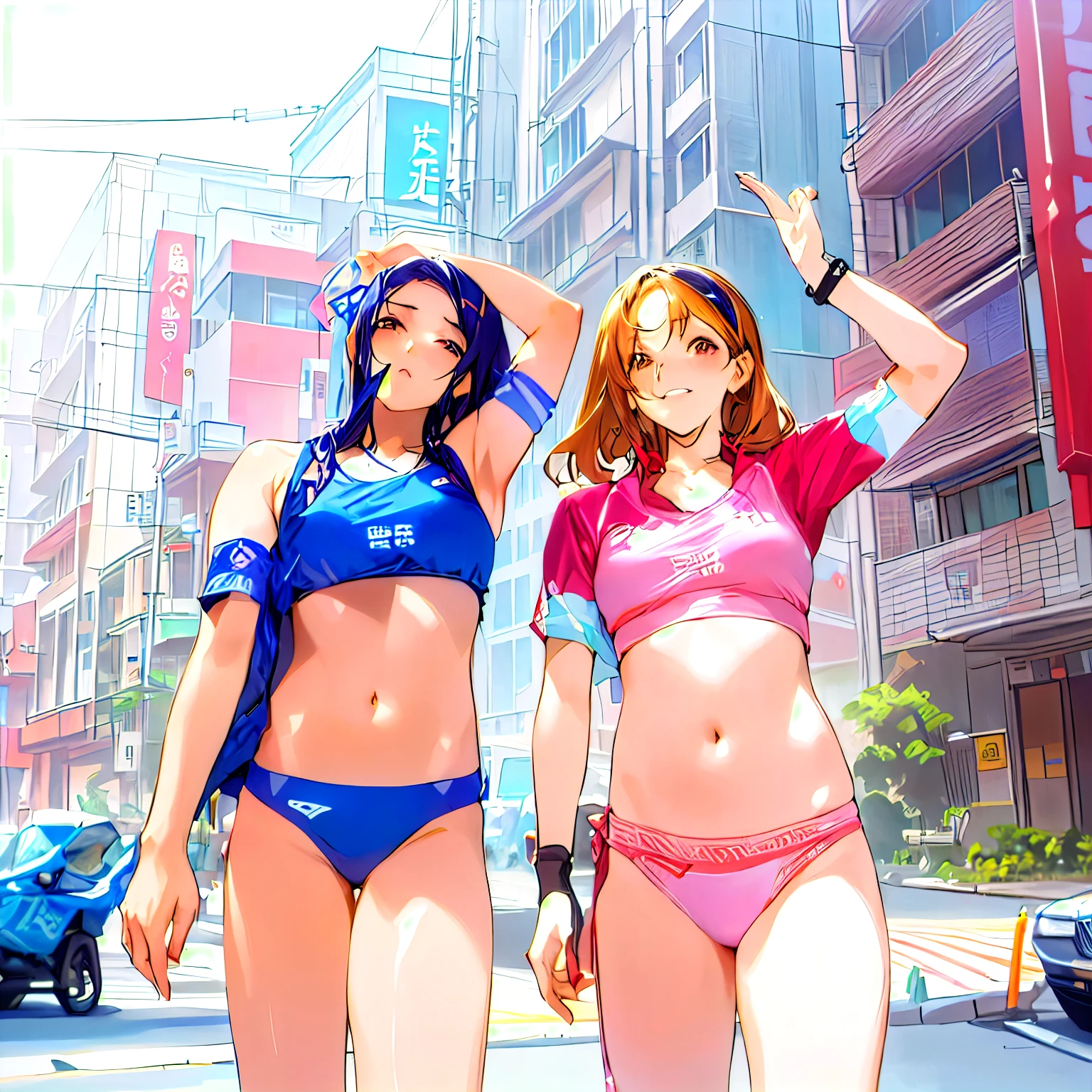 Two women in bikinis standing on the street with their hands up, Masami Suda, Ayami Kojima and Ride Caldwell, yoshitomo nara and aya takano, Erika Ikuta, zeen chin and terada katsuya, akikazu mizuno, omina tachibana, Kazue Kato, sakimichan