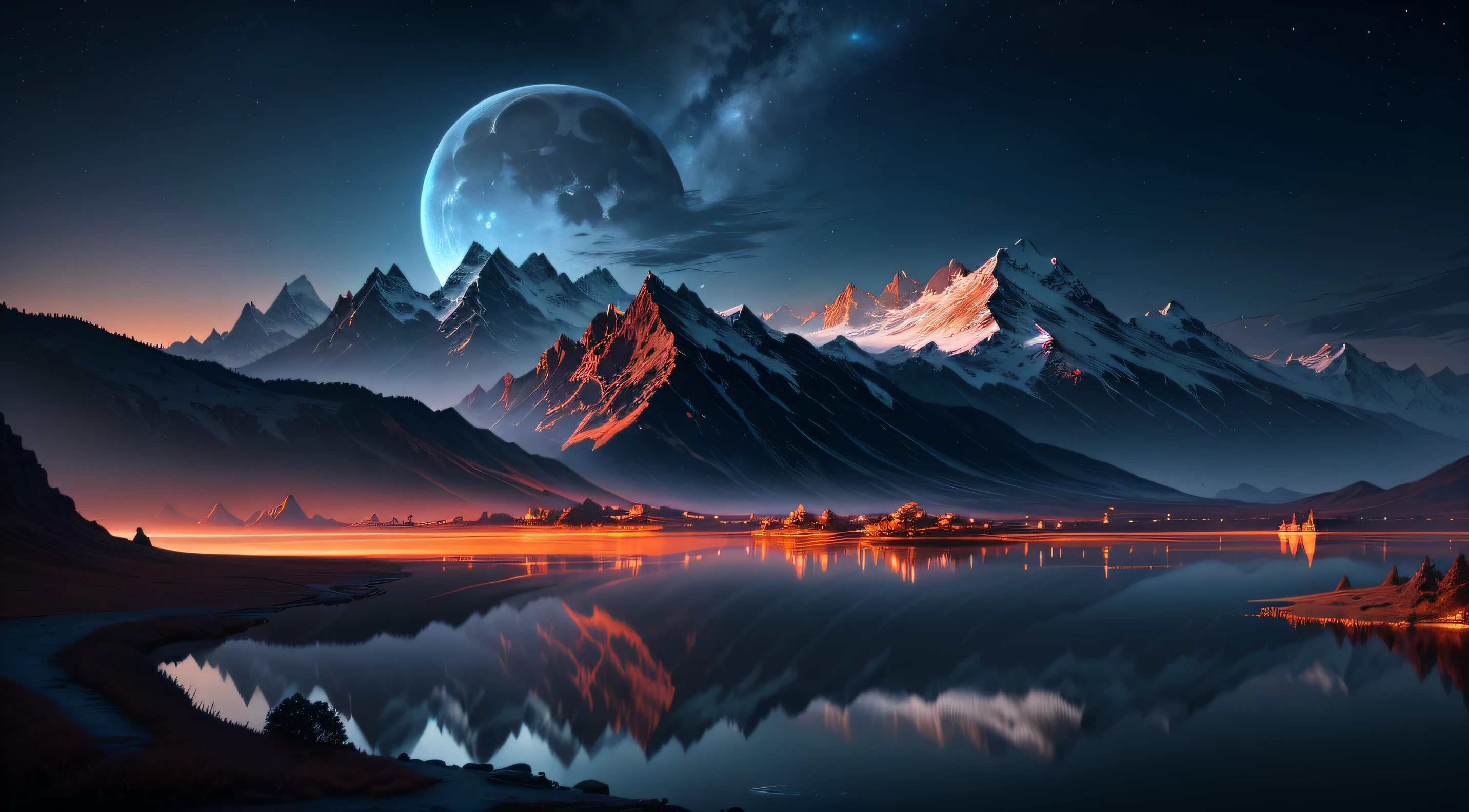 mountains and a lake with a moon in the sky, 4k arte digital altamente detalhada, 4k hd wallpaper muito detalhado, paisagem de fantasia impressionante,papel de parede medieval de fantasia, unreal engine papel de parede 4k, 4k arte digital detalhada, papel de parede de fantasia medieval, epic dreamlike fantasy landscape, 4k hd fosco pintura digital, 8k arte impressionante