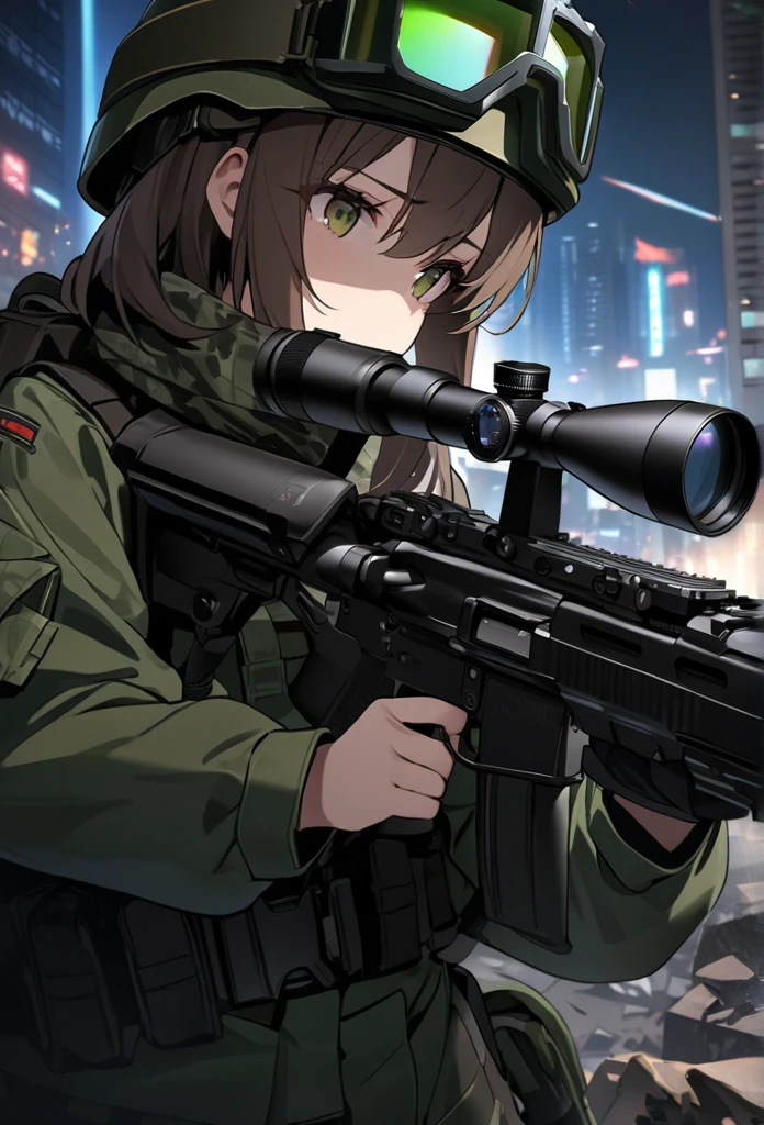 High quality, high definition images, full HD、8k.1 girl Short chestnut hair wearing US combat uniform Wear a helmet deeply, holding a rifle、Midnight city area, wearing a night scope,binocular night scope, pitch black The light of the night scope is green,,shooting a gun from the rubble,