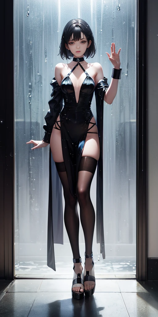 1solo female with 2 hands on glass, glass window fog water drop, metal handcuffs, black choker collar, thigh highs, long legs, metal ankle, metal sandals, metal shoulders, standing straight symmetrical against glass