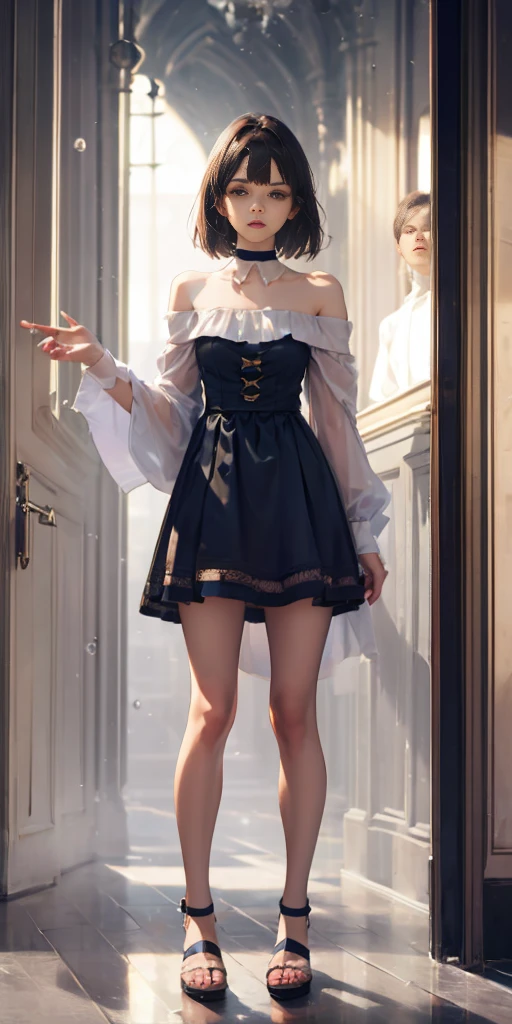 1solo female with 2 hands on glass, glass window fog water drop, metal handcuffs, black choker collar, thigh highs, long legs, metal ankle, metal sandals, metal shoulders, standing straight symmetrical against glass