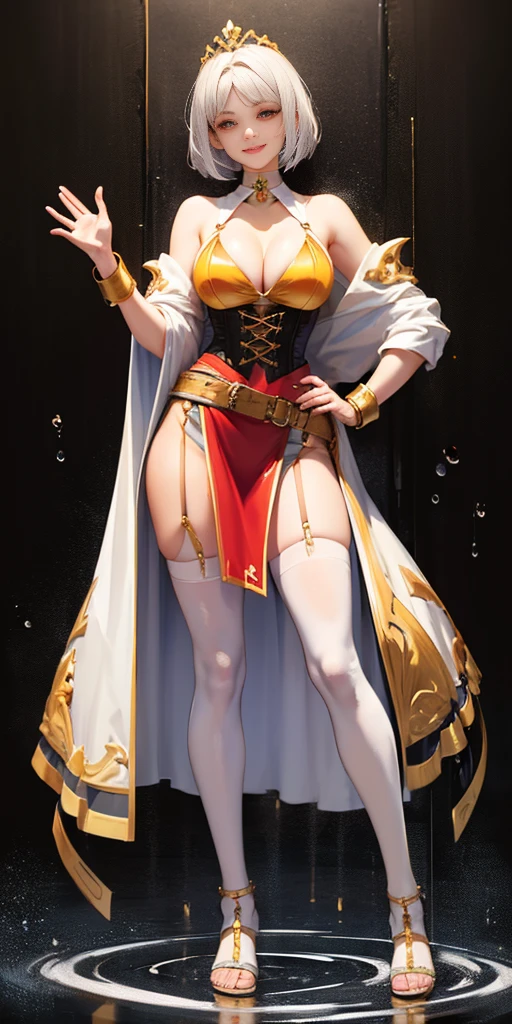 ((BLACK BACKGROUND,1:2, masterpiece)), full body MILF BIMBO standing with two long thighs and two metal sandals, red eyes, silver white hair, short bob style hair, big breasts, cleavage, separate sleeves, tiara royal, long cape up to two feet, yellow bikini, hands on waist, navel, lustful smirking smiling, smile face (red blushed, red cheeks), metal shoulders, gold sleeveless armbands, black leather choker slave collar, shackle bracelets, sex slave red crest, pauldrons, breastplate, corset, eye focus, full body, whole body. 1solo . slave fighter, loincloth standing, hands on hips, metal sandals, backpack, choker, big belt, view from below, feet together, bracers, tiara, 1solo female with 2 hands on glass, glass window fog water drop, metal handcuffs, black choker collar, thigh highs, long legs, metal ankle, metal sandals, metal shoulders, standing straight symmetrical against glass