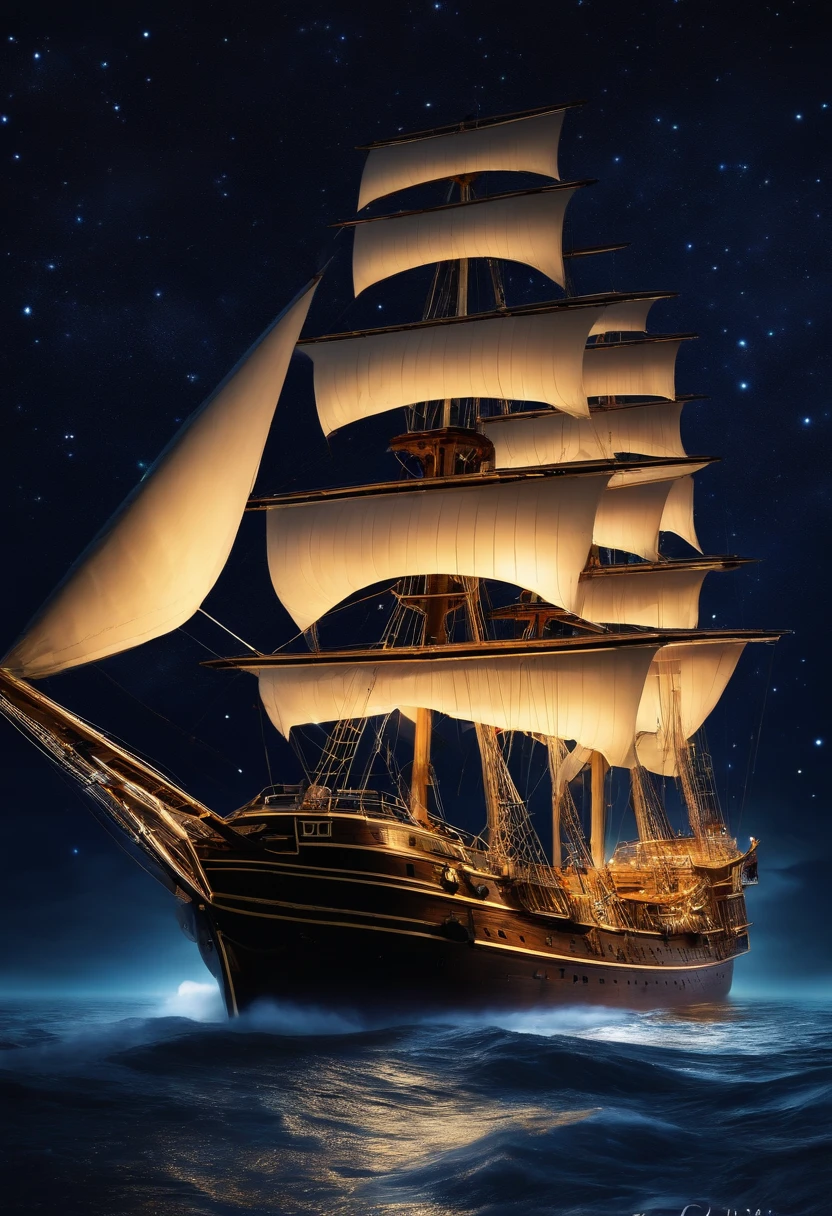 Tall ship, flying into the night sky, beautiful, with stars.