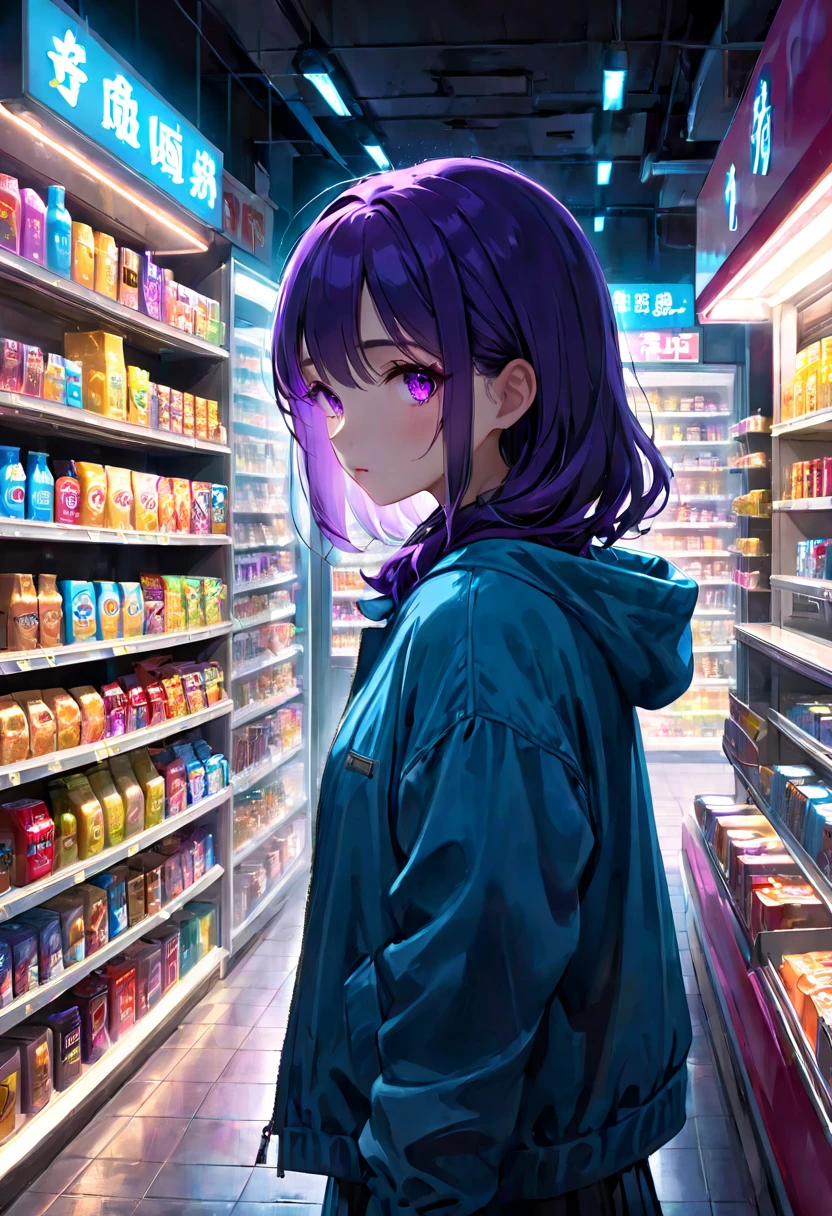 1girl, midnight convenience store, aesthetic, vibrant city lights, dimly lit shelves full of snacks and drinks, a cashier with tired eyes, fluorescent lighting casting a soft glow, late-night customers browsing the aisles, flickering neon signs outside the store, a sense of mystery and solitude, a hazy atmosphere with a touch of nostalgia, cinematic and atmospheric, high-res details capturing the smallest nuances, a combination of realism and dream-like quality, urban aesthetic blending with a hint of surrealism, cool blue and purple tones, soft shadows and subtle highlights, an ambiance that evokes a sense of tranquility and possibility in the midst of the night.