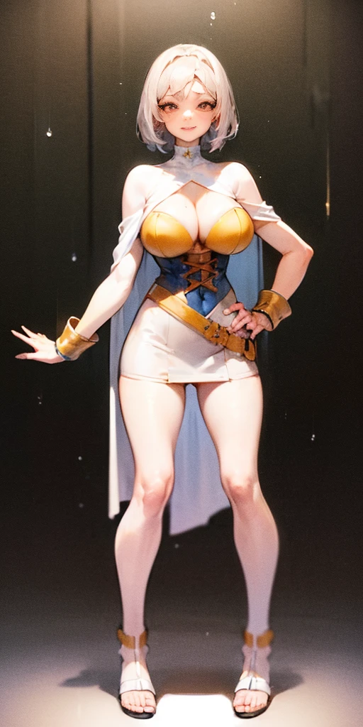 ((BLACK BACKGROUND,1:2, masterpiece)), full body MILF BIMBO standing with two long thighs and two metal sandals, red eyes, silver white hair, short bob style hair, big breasts, cleavage, separate sleeves, tiara royal, long cape up to two feet, yellow bikini, hands on waist, navel, lustful smirking smiling, smile face (red blushed, red cheeks), metal shoulders, gold sleeveless armbands, black leather choker slave collar, shackle bracelets, sex slave red crest, pauldrons, breastplate, corset, eye focus, full body, whole body. 1solo . slave fighter, loincloth standing, hands on hips, metal sandals, backpack, choker, big belt, view from below, feet together, bracers, tiara, 1solo female with 2 hands on glass, glass window fog water drop, metal handcuffs, black choker collar, thigh highs, long legs, metal ankle, metal sandals, metal shoulders, standing straight symmetrical against glass