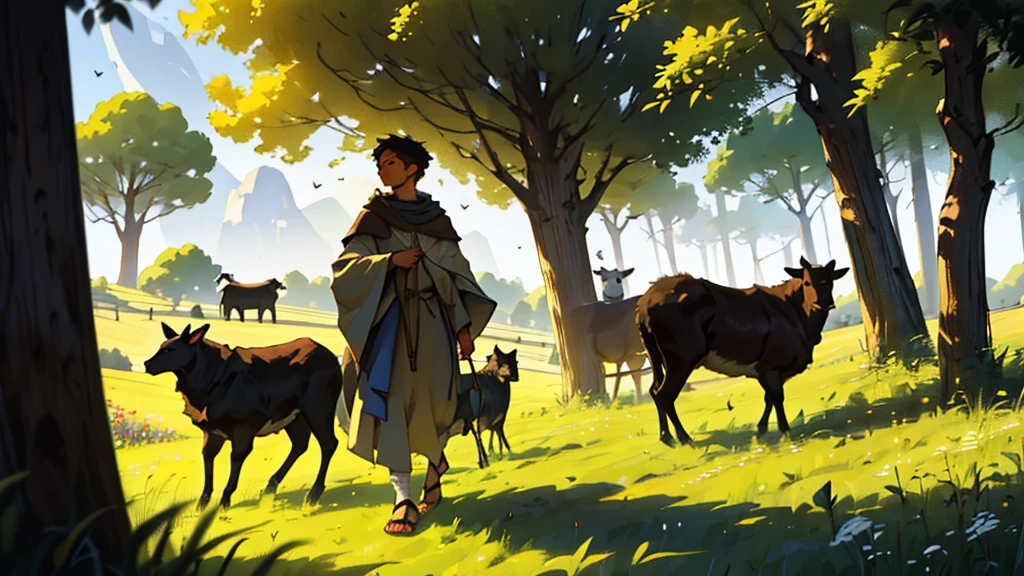 In a cinematic picture shot, Abel is portrayed amidst a backdrop of pastoral beauty, surrounded by lush green fields and gentle rolling hills. His attire is simple yet wholesome, adorned in a soft, earth-toned tunic that reflects his humble lifestyle. As the golden rays of sunlight filter through the trees, Abel's face radiates with a serene joy, his eyes alight with innocence and contentment. With a flock of sheep grazing peacefully nearby, he exudes an aura of harmony and tranquility, embodying a life lived in harmony with nature. The scene captures Abel's essence as a gentle soul, deeply connected to the rhythms of the land, finding fulfillment in the simplicity of his existence. Abel is wearing a tunic made of wool or linen, possibly dyed with natural colors. He might have worn a cloak or robe for warmth during cooler weather, along with sandals to protect his feet while tending to his flock. His clothing would likely have been simple and functional, reflecting the lifestyle of a shepherd in that era.