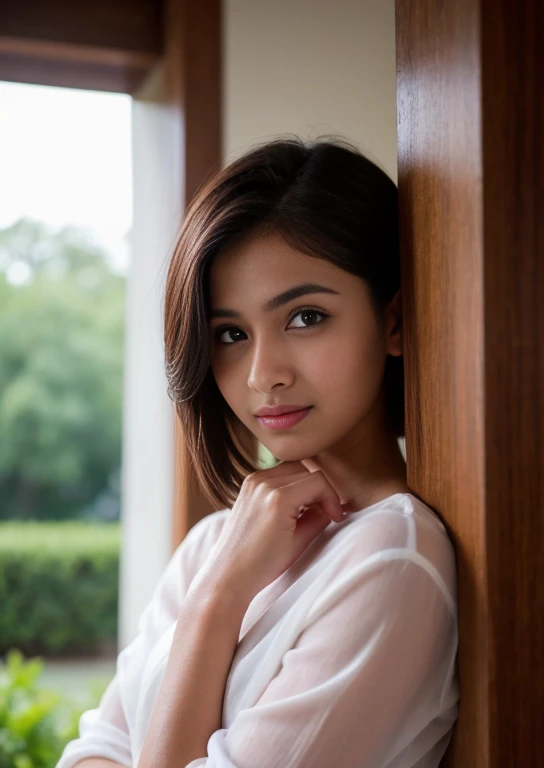 Full body Photo of 22 year old seductive cute indian lady, confident happy look on face, expression of achievement, big smile,wet white silk shirt, RAW, beautiful woman, amzing hair ,brown-green eyes, ((portrait)), (Detailed face: 1.2)), (Detailed facial features)), (Fine skin), indian pale skin, normal lips colour, perfect face, beautiful face, high detail, slim body, (cold color), wet, moist, reflection, (masterpiece) ( Perfect proportions) (realistic photos) (highest quality) (detail) shot with Canon EOS R5, 50mm lens, f/2.8, HDR, (8k) (wallpaper) (movie lighting) (dramatic lighting) (sharp focus) (complex) fashion, full body shot.