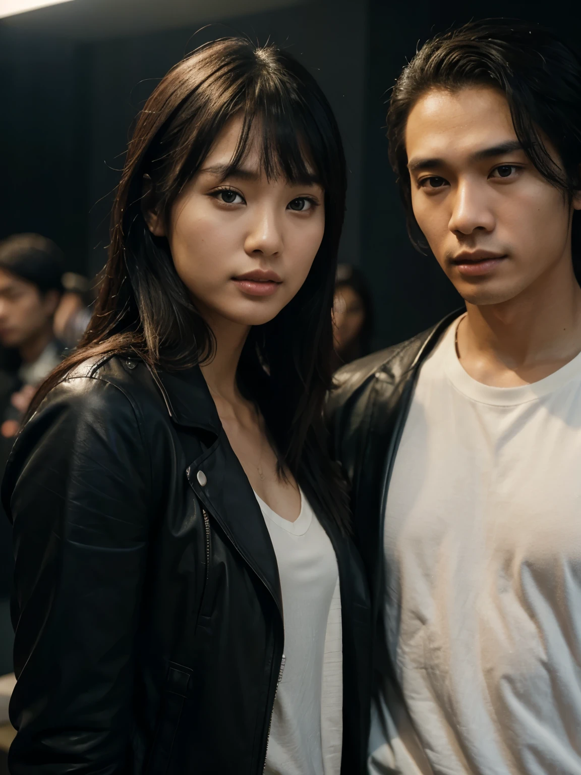 an Indonesian man and a Korean woman standing next to each other, an image inspired by Adam Dario Keel which is currently trending in the CG community, a handsome Indonesian young man with black hair with a beautiful young Korean woman with bangs covering her long straight blonde forehead, a a man dressed in a shirt and a woman wearing a leather jacket. singer, movie screencap, model Eliza Hess from acquamodels. Black background