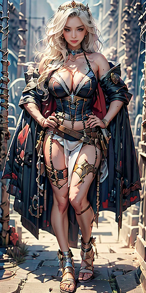 ((BLACK BACKGROUND,1:2, masterpiece)), full body MILF BIMBO standing with two long thighs and two metal sandals, red eyes, silver white hair, short bob style hair, big breasts, cleavage, separate sleeves, tiara royal, long cape up to two feet, yellow bikini, hands on waist, navel, lustful smirking smiling, smile face (red blushed, red cheeks), metal shoulders, gold sleeveless armbands, black leather choker slave collar, shackle bracelets, sex slave red crest, pauldrons, breastplate, corset, eye focus, full body, whole body. 1solo . slave fighter, loincloth standing, hands on hips, metal sandals, backpack, choker, big belt, view from below, feet together, bracers, tiara