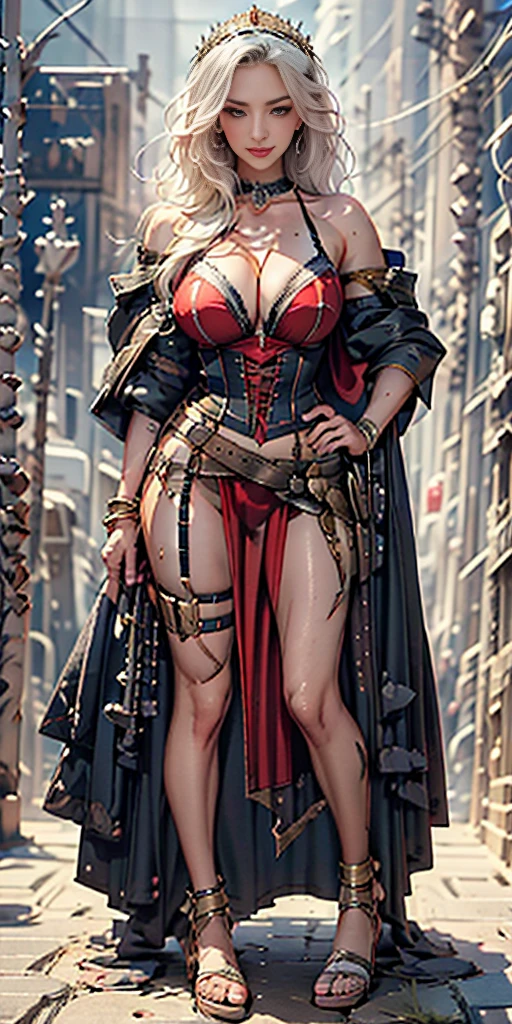 ((BLACK BACKGROUND,1:2, masterpiece)), full body MILF BIMBO standing with two long thighs and two metal sandals, red eyes, silver white hair, short bob style hair, big breasts, cleavage, separate sleeves, tiara royal, long cape up to two feet, yellow bikini, hands on waist, navel, lustful smirking smiling, smile face (red blushed, red cheeks), metal shoulders, gold sleeveless armbands, black leather choker slave collar, shackle bracelets, sex slave red crest, pauldrons, breastplate, corset, eye focus, full body, whole body. 1solo . slave fighter, loincloth standing, hands on hips, metal sandals, backpack, choker, big belt, view from below, feet together, bracers, tiara