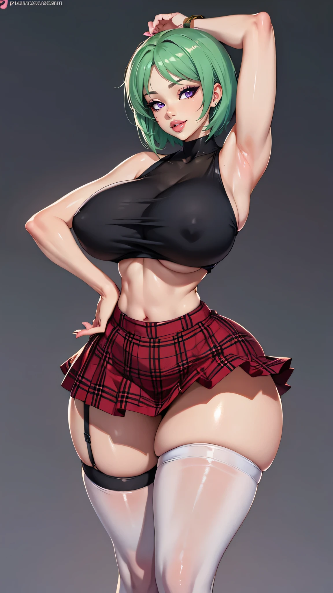 1 girl, green hair, short hair, big lips, green eyes, huge breasts, blush, blush on nose, open abdomen, focused portrait, horrible thighs, high thighs, wide hips, narrow waist , hourglass figure, silly, sexy pose, dynamic pose,, background, standing, cowboy shot, crop top, underboob, centered portrait, thick thighs, emo girl, tank top, plaid pleated skirt, anime, garter belt, panty hose, thick thighs, wide hips, narrow waist, hourglass figure, bimbo, one foot up, armpits