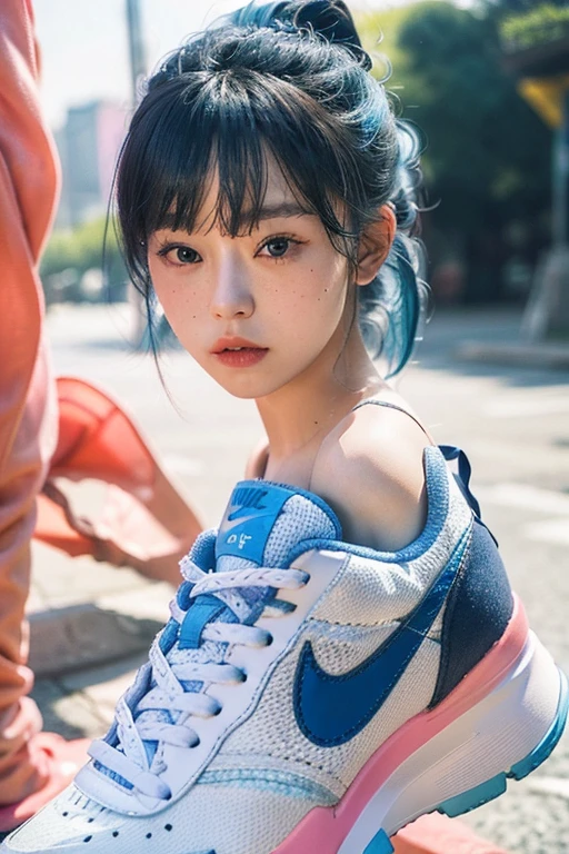 Blue hair Best anamorphic lens photography 50mm lens Close-up of a woman with freckles。In the background, the morning sun shines on her hair.、background is blurry。Hip-hop fashion。fashionable。NIKE sneakers。high resolution