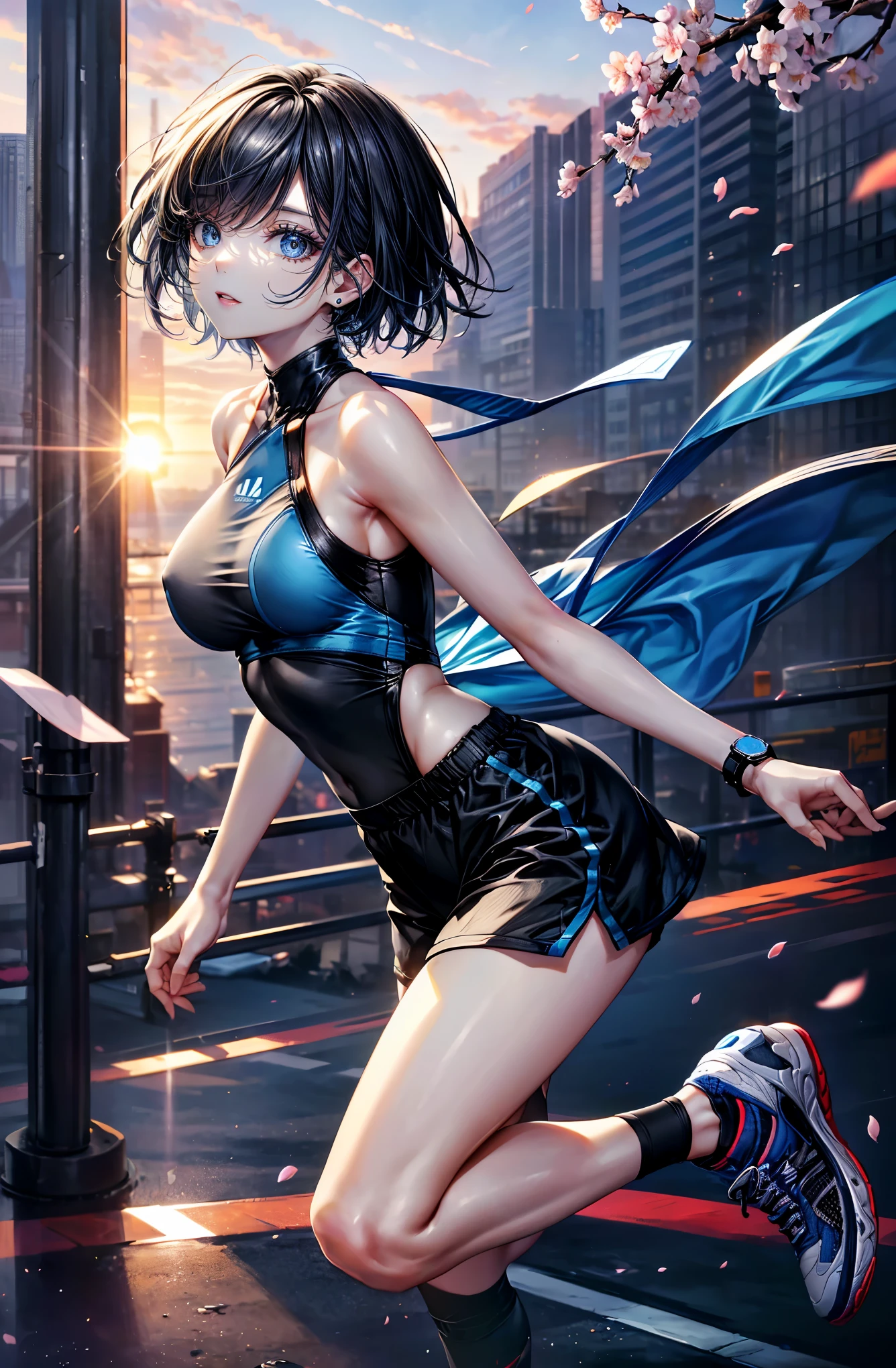 hyper quality、8K quality、High resolution、Image quality captured with a single-lens reflex camera、(software)、perfect anatomy、(Black Grey Short Hair、shoulder length hair:1.2)22 year old beauty.Mature face、blue eyes(Sharp look:1.4)(Good shape and normal breasts)
BREAK
(Wear a blue sporty outfit with lines、running shoes:1.3)
turn to the side(perfect anatomy:1.4)break(watch the sunrise、cherry blossoms、look away:1.2)(The orange morning sun is dazzling🌇:1.3)(cherry blossoms並木がある公園、Next to the lake:1.1)