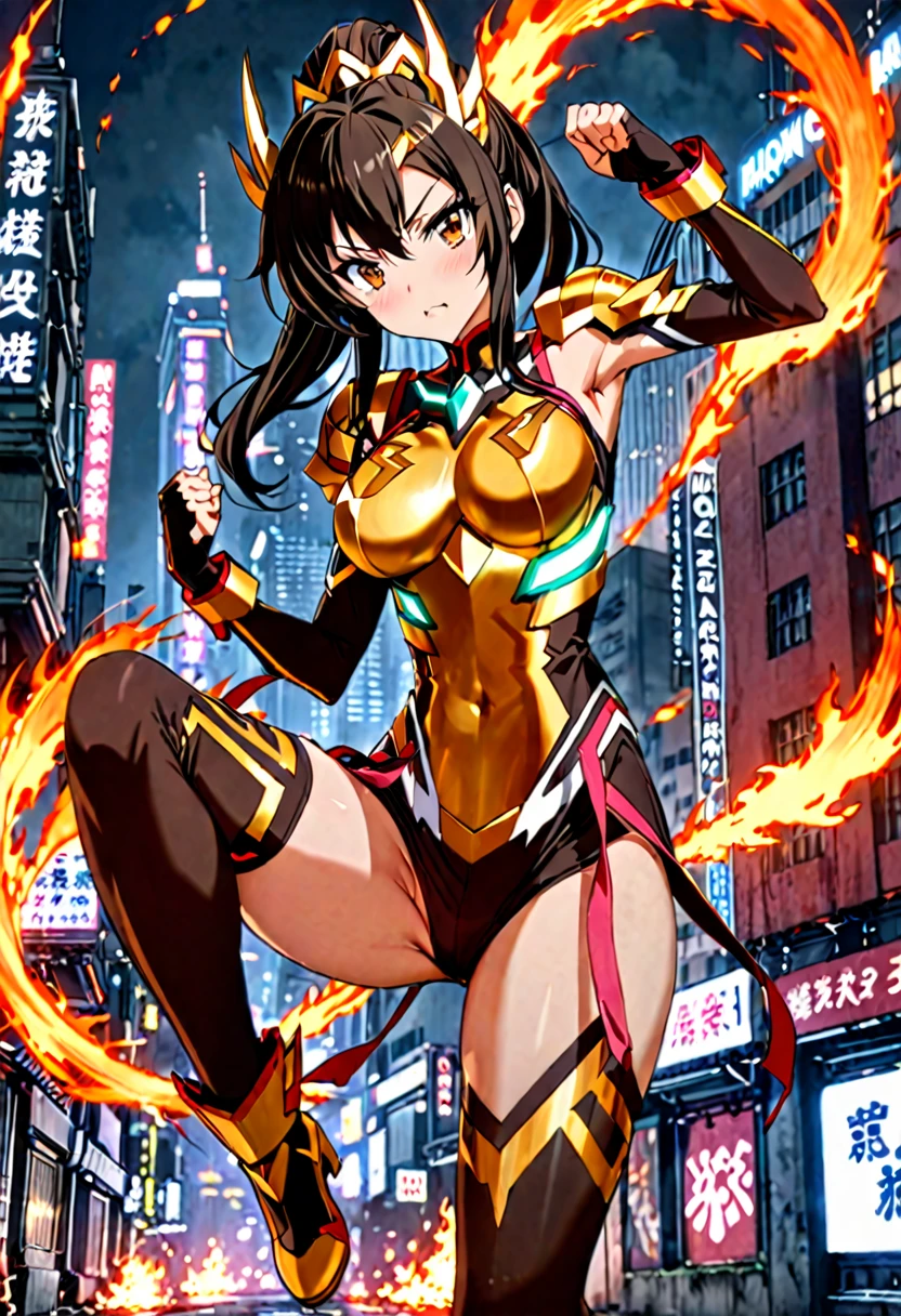 ((highest quality)), ((masterpiece)), (get used to it), perfect face, Japanese with shoulder-length black hair、Breasts are F cup、outstanding style、28 year old female。she、Gungnir from Senki Zesshou Symphogear、Tachibana Wearing the sound'armor。 The right fist is thrust forward like a karate kata.、His left fist is thrust out at high speed, leaving countless afterimages.。The background is、a city engulfed in flames, Like a Hong Kong movie。night