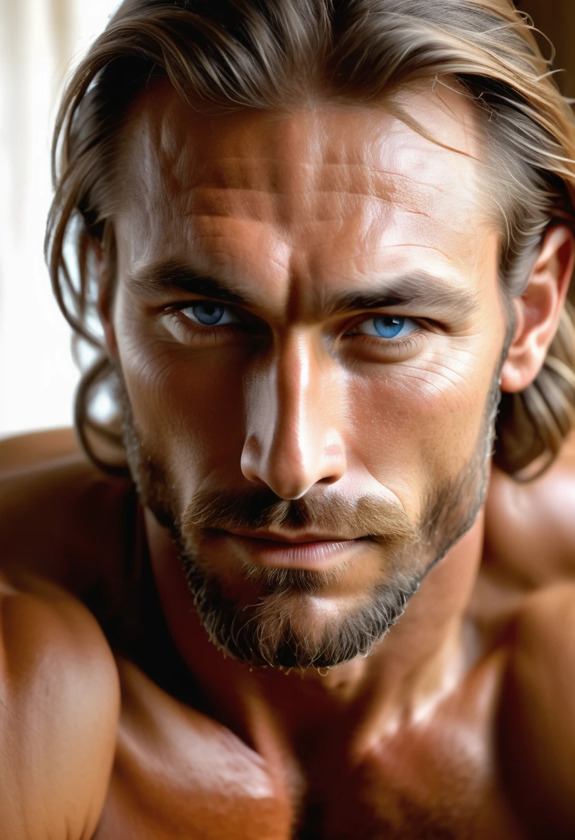 (highly detailed, soft light, detailed face, detailed skin, detailed eyes, photorealistic, dynamic light; cinematic); 1820's; 35 years old man; 3/4-German 1/4-Sioux Indian mix; 1820's fur-trader; leadership figure; strikingly handsome; wild man; defined cheekbones; defined strong jawline; longer chin; handsome face; strapping; tough confident expression; masculine face; charismatic; grizzled; sensual; strong German nose; manly passionate air; very attractive; burly broad figure with strong shoulders; ruddy weathered skin; long stubble beard; natural light-blue eyes; thick strong chestnut-brown eyebrows; fully naked with hairy heavily muscled chest; long tousled chestnut-brown hair pulled back in a single ponytail; full firm masculine lips; laying back on a simple rustic 1820s bed in a 1820's Canadian settlement house; laying in inviting and erotic pose; intimate sexually-charged atmosphere; natural light-blue eyes; 3/4-German 1/4-Sioux Indian mix; looking at camera