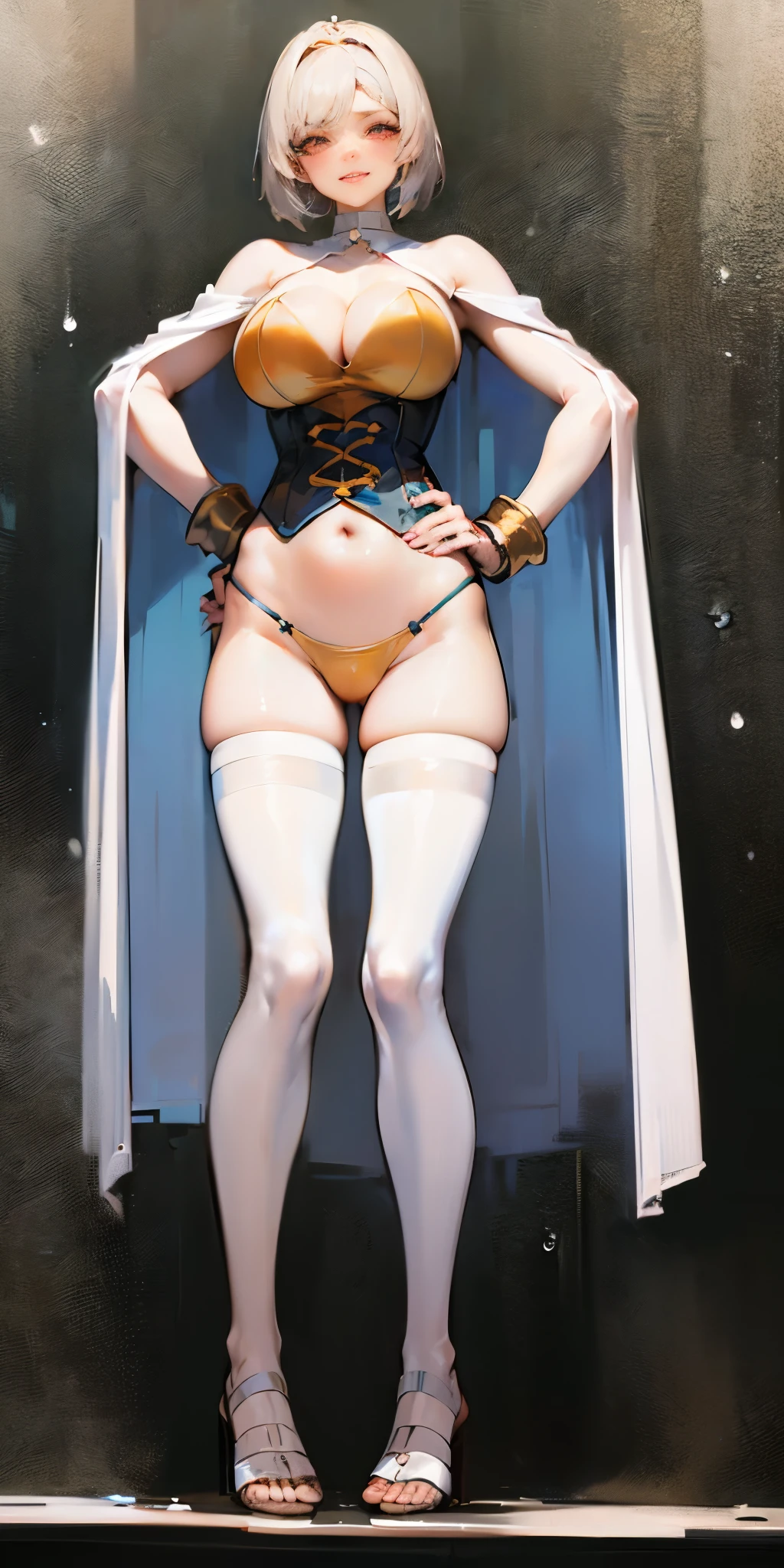 ((BLACK BACKGROUND,1:2, masterpiece)), full body MILF BIMBO standing with two long thighs and two metal sandals, red eyes, silver white hair, short bob style hair, , cleavage, separate sleeves, tiara royal, long cape up to two feet, yellow , hands on waist, navel,  smirking smiling, smile face (red blushed, red cheeks), metal shoulders, gold sleeveless armbands, black leather choker slave collar, shackle bracelets,  slave red crest, pauldrons, breastplate, corset, eye focus, full body, whole body. 1solo . slave fighter, loincloth standing, hands on , metal sandals, backpack, choker, big belt, view from below, feet together, bracers, tiara, 1solo female with 2 hands on glass, glass window fog water drop, metal handcuffs, black choker collar, thigh highs, long legs, metal ankle, metal sandals, metal shoulders, standing straight symmetrical against glass