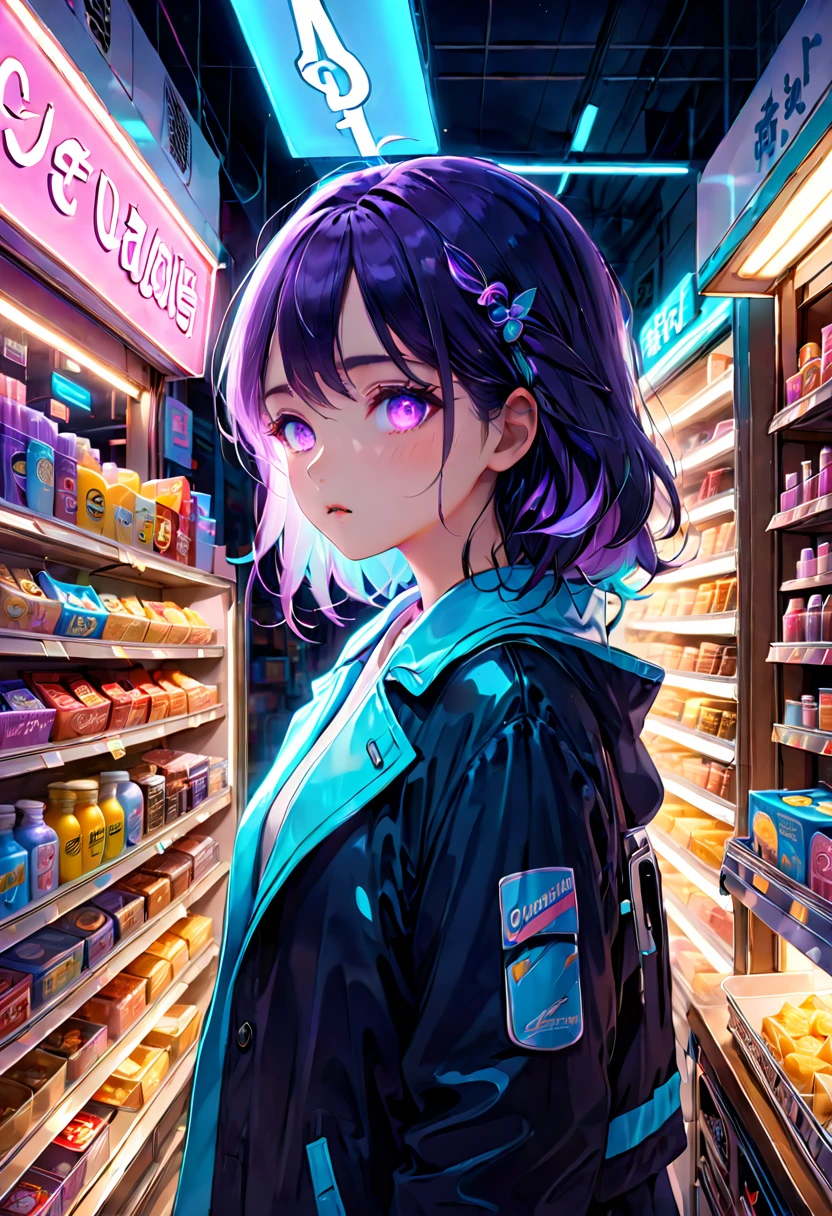 1girl, midnight convenience store, aesthetic, vibrant city lights, dimly lit shelves full of snacks and drinks, a cashier with tired eyes, fluorescent lighting casting a soft glow, late-night customers browsing the aisles, flickering neon signs outside the store, a sense of mystery and solitude, a hazy atmosphere with a touch of nostalgia, cinematic and atmospheric, high-res details capturing the smallest nuances, a combination of realism and dream-like quality, urban aesthetic blending with a hint of surrealism, cool blue and purple tones, soft shadows and subtle highlights, an ambiance that evokes a sense of tranquility and possibility in the midst of the night.