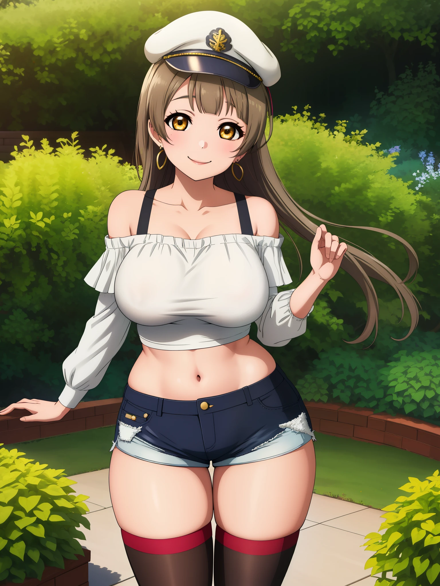 Masterpiece, best quality,solo, (detailed face), minami kotori,  body, ,  smile ,(lowleg short shorts:1.2),earrings, off shoulder crop top, standing,in garden,cap,looking at viewer, cowboy shot, thighs, thighhighs