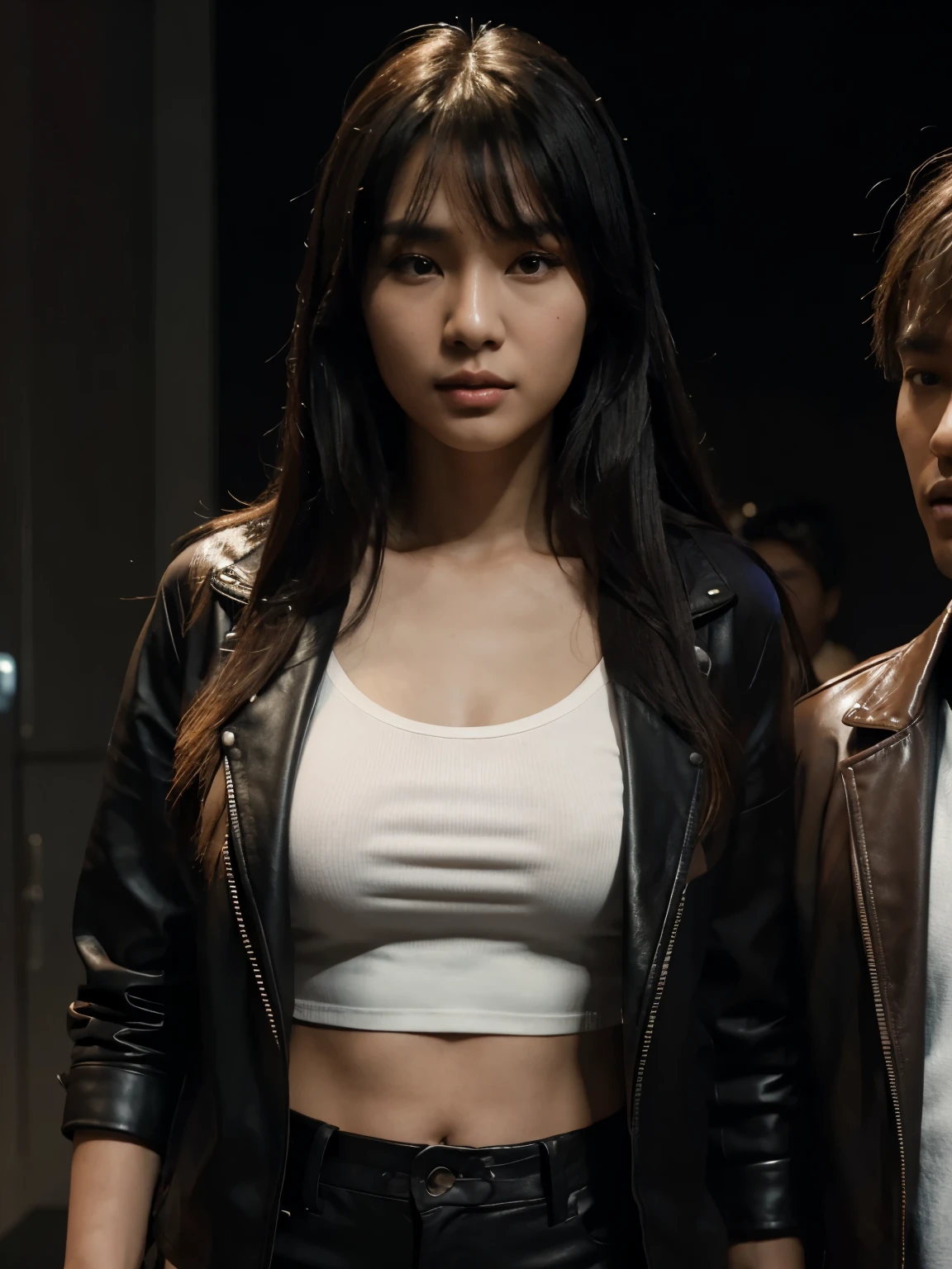 Inspired by Adam Dario Keel who is currently trending in the CG community, a handsome Indonesian young man with black hair stands next to a beautiful young Korean woman with long straight blonde bangs covering her forehead, a man dressed in a shirt and a woman wearing a leather jacket. singer, movie screencap, model Eliza Hess from acquamodels. Black background