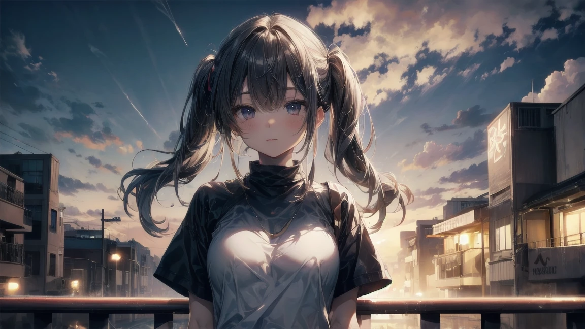 highest quality, anime moe art style,Best Anime 8K Konachan Wallpaper,Pixiv contest winners,perfect anatomy, (Plump nipples),break, 1 girl, (alone,,,20-year-old:1.3), long white curly hair, twin tails, amount, (hair above one eye:1.4),all limbs, Beautiful hands and fingers,Beautiful E Cup Breasts, between the legs, small eyes,accurate black eyes, Eyes of enlightenment that have mastered everything, hair clip, simple and thin plain fabric, (((white t-shirt))), micro mini pleated skirt. break, Draw the whole limb, sideways posture, depression, Super detailed,High resolution,super dense skin, professional lighting,8K eye details, (cute illustration:1.2), Panoramic night view of Minato Mirai、View from the rooftop of the skyscraper, black light lighting, midnight,
