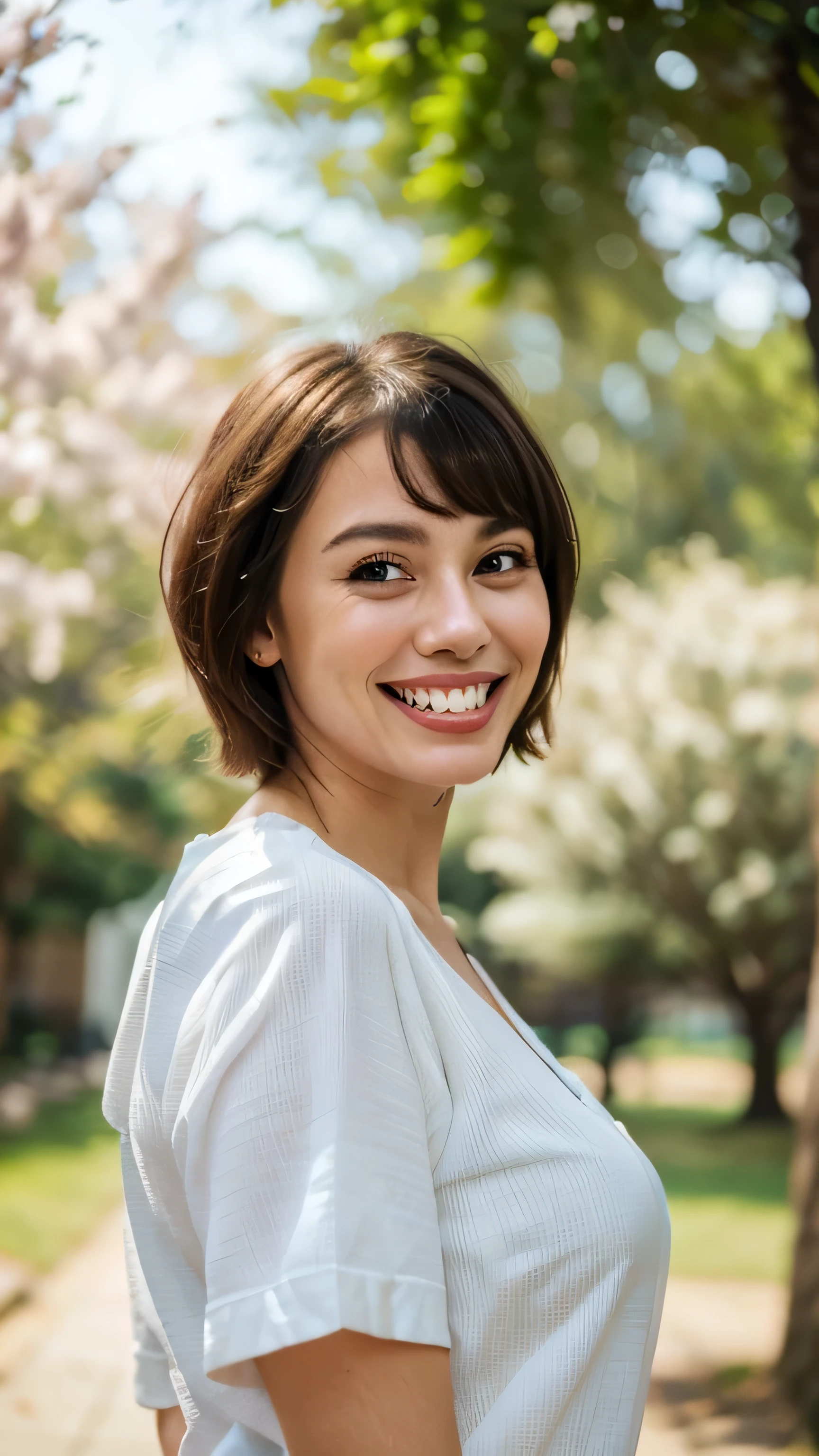 (software:1.8、masterpiece, highest quality),1 girl, alone, have, realistic, realistic, looking at the viewer, light brown eyes, Brunette short bob hair with highly detailed shiny hair, short hair:1.8、Beautiful face in symmetry、spring clothes:1.6, Whity, lips, bangs, outdoor, closed mouth, Upper body、Big eyes、eyelash、((difdifferent backgrounds each time:1.8))、(((bangsのあるshort hair、Big eyes、big and full chest、look at the audience、beautiful beauty、show me your ears、long neck、smile、please close your mouth and smile)))、ideal body proportions、(((({Huge|big|huge|mega} 、happy smile、beautiful teeth、))))