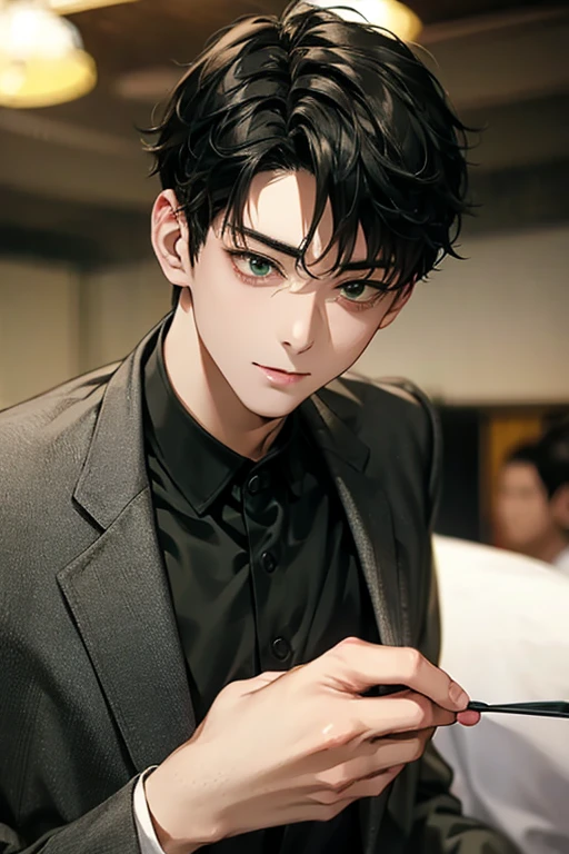 masterpiece, masterpiece_portrait, distinct, distinct_image, high_resolution, highres, high_quality_anime, high_quality, hyper_detail, finely_detailed,4K, men, ChaEunWu, a man in a suit, green suit,