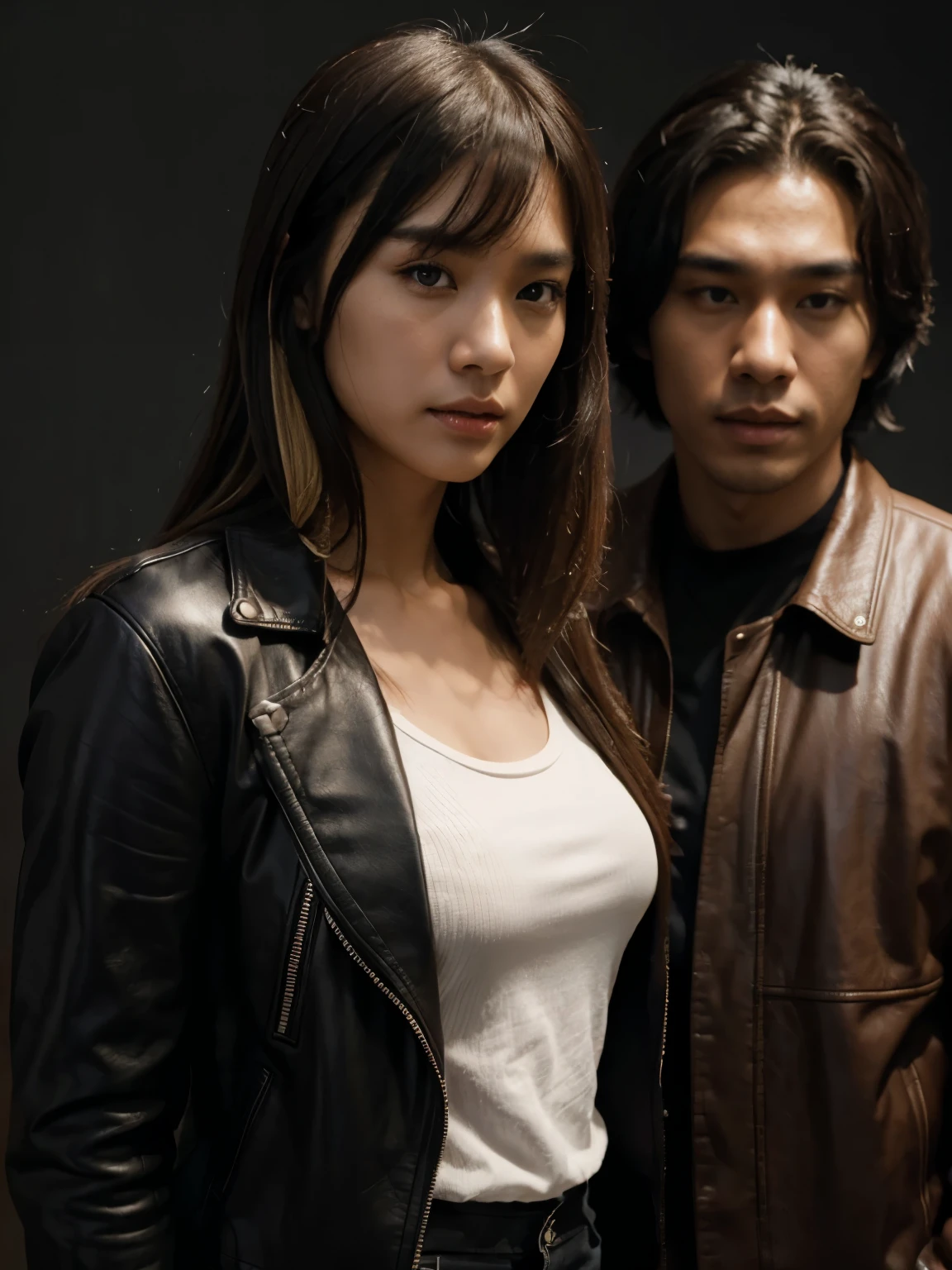 Inspired by Adam Dario Keel who is currently trending in the CG community, a handsome Indonesian young man with black hair stands next to a beautiful young Korean woman with long straight blonde bangs covering her forehead, a man dressed in a shirt and a woman wearing a leather jacket. singer, movie screencap, model Eliza Hess from acquamodels. Black background