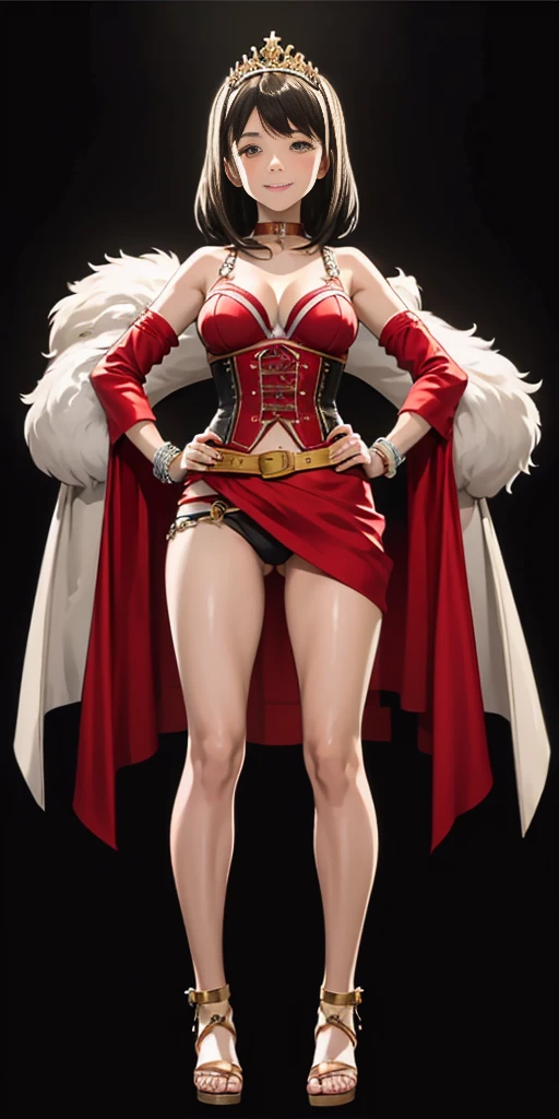 ((BLACK BACKGROUND,1:2, masterpiece)), full body MILF BIMBO standing with two long thighs and two metal sandals, red eyes, silver white hair, short bob style hair, big breasts, cleavage, separate sleeves, tiara royal, long cape up to two feet, yellow bikini, hands on waist, navel, lustful smirking smiling, smile face (red blushed, red cheeks), metal shoulders, gold sleeveless armbands, black leather choker slave collar, shackle bracelets, sex slave red crest, pauldrons, breastplate, corset, eye focus, full body, whole body. 1solo . slave fighter, loincloth standing, hands on hips, metal sandals, backpack, choker, big belt, view from below, feet together, bracers, tiara
