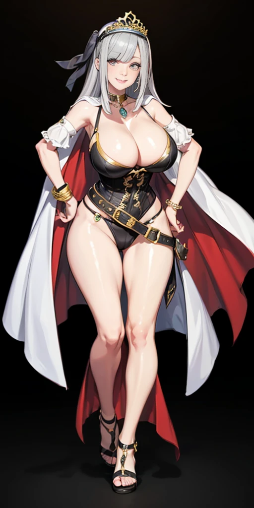 ((BLACK BACKGROUND,1:2, masterpiece)), full body MILF BIMBO standing with two long thighs and two metal sandals, red eyes, silver white hair, short bob style hair, big breasts, cleavage, separate sleeves, tiara royal, long cape up to two feet, yellow bikini, hands on waist, navel, lustful smirking smiling, smile face (red blushed, red cheeks), metal shoulders, gold sleeveless armbands, black leather choker slave collar, shackle bracelets, sex slave red crest, pauldrons, breastplate, corset, eye focus, full body, whole body. 1solo . slave fighter, loincloth standing, hands on hips, metal sandals, backpack, choker, big belt, view from below, feet together, bracers, tiara