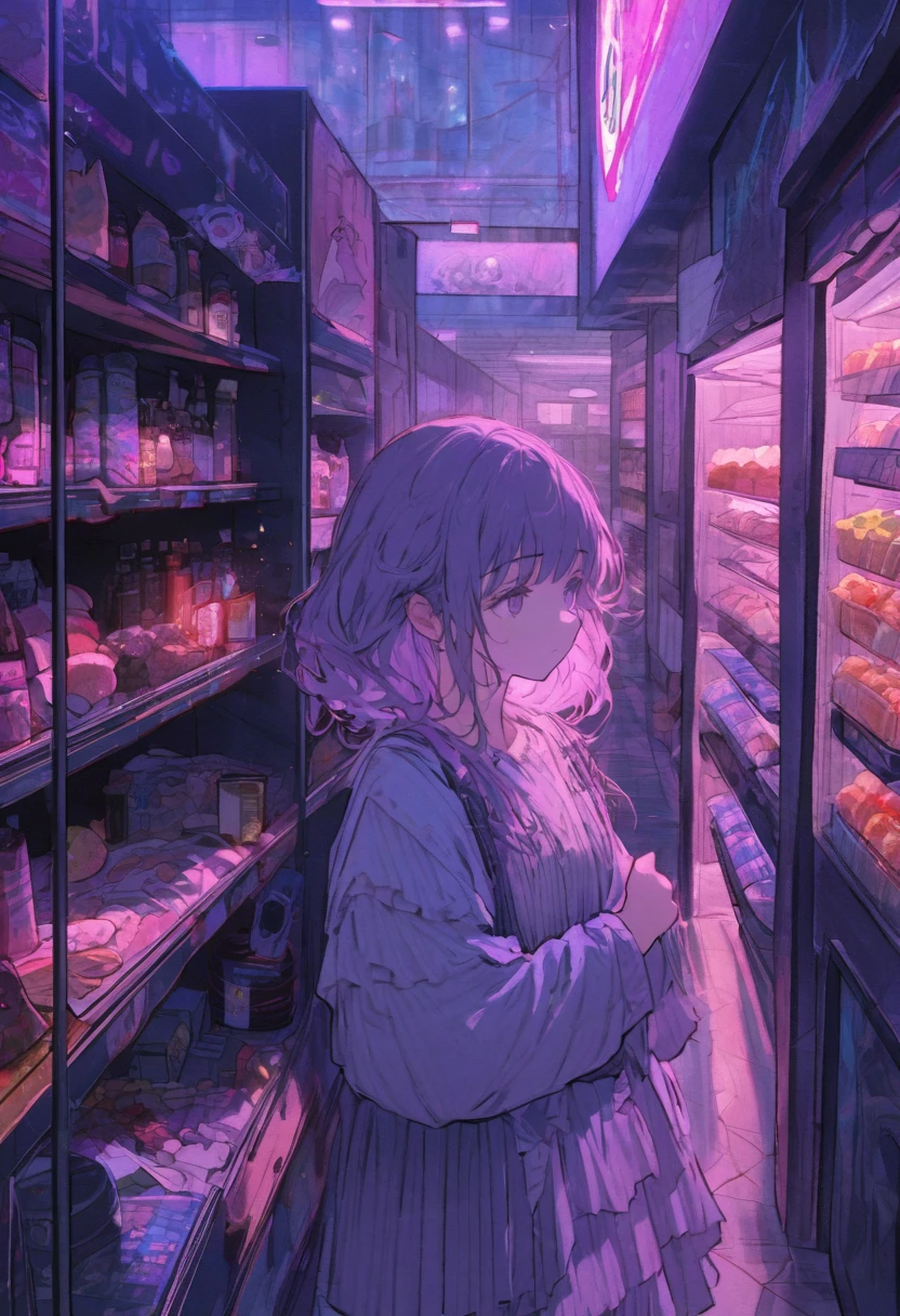 1girl, midnight convenience store, aesthetic, vibrant city lights, dimly lit shelves full of snacks and drinks, a cashier with tired eyes, fluorescent lighting casting a soft glow, late-night customers browsing the aisles, flickering neon signs outside the store, a sense of mystery and solitude, a hazy atmosphere with a touch of nostalgia, cinematic and atmospheric, high-res details capturing the smallest nuances, a combination of realism and dream-like quality, urban aesthetic blending with a hint of surrealism, cool blue and purple tones, soft shadows and subtle highlights, an ambiance that evokes a sense of tranquility and possibility in the midst of the night.