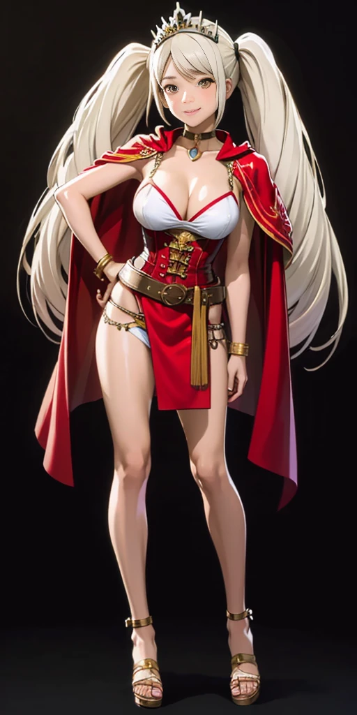 ((BLACK BACKGROUND,1:2, masterpiece)), full body MILF BIMBO standing with two long thighs and two metal sandals, red eyes, silver white hair, short bob style hair, big breasts, cleavage, separate sleeves, tiara royal, long cape up to two feet, yellow bikini, hands on waist, navel, lustful smirking smiling, smile face (red blushed, red cheeks), metal shoulders, gold sleeveless armbands, black leather choker slave collar, shackle bracelets, sex slave red crest, pauldrons, breastplate, corset, eye focus, full body, whole body. 1solo . slave fighter, loincloth standing, hands on hips, metal sandals, backpack, choker, big belt, view from below, feet together, bracers, tiara