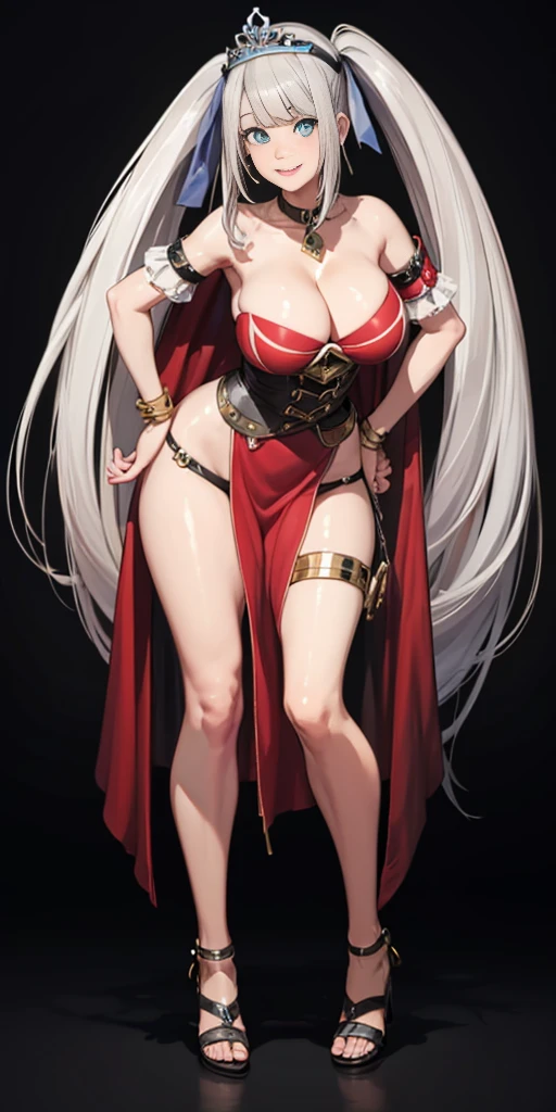 ((BLACK BACKGROUND,1:2, masterpiece)), full body  BIMBO standing with two long thighs and two metal sandals, red eyes, silver white hair, short bob style hair, big breasts, cleavage, separate sleeves, tiara royal, long cape up to two feet, yellow bikini, hands on waist, navel,  smirking smiling, smile face (red blushed, red cheeks), metal shoulders, gold sleeveless armbands, black leather choker slave collar, shackle bracelets,  slave red crest, pauldrons, breastplate, corset, eye focus, full body, whole body. 1solo . slave fighter, loincloth standing, hands on hips, metal sandals, backpack, choker, big belt, view from below, feet together, bracers, tiara