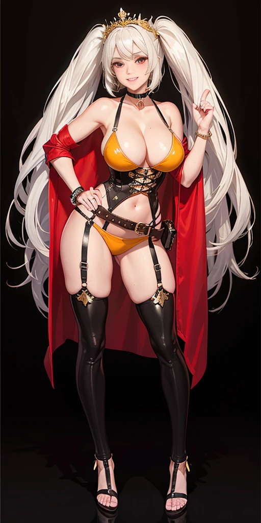 ((BLACK BACKGROUND,1:2, masterpiece)), full body  BIMBO standing with two long thighs and two metal sandals, red eyes, silver white hair, short bob style hair, , , separate sleeves, tiara royal, long cape up to two feet, yellow bikini, hands on waist, navel,  smirking smiling, smile face (red blushed, red cheeks), metal shoulders, gold sleeveless armbands, black leather choker slave collar, shackle bracelets,  slave red crest, pauldrons, breastplate, corset, eye focus, full body, whole body. 1solo . slave fighter, loincloth standing, hands on , metal sandals, backpack, choker, big belt, view from below, feet together, bracers, tiara